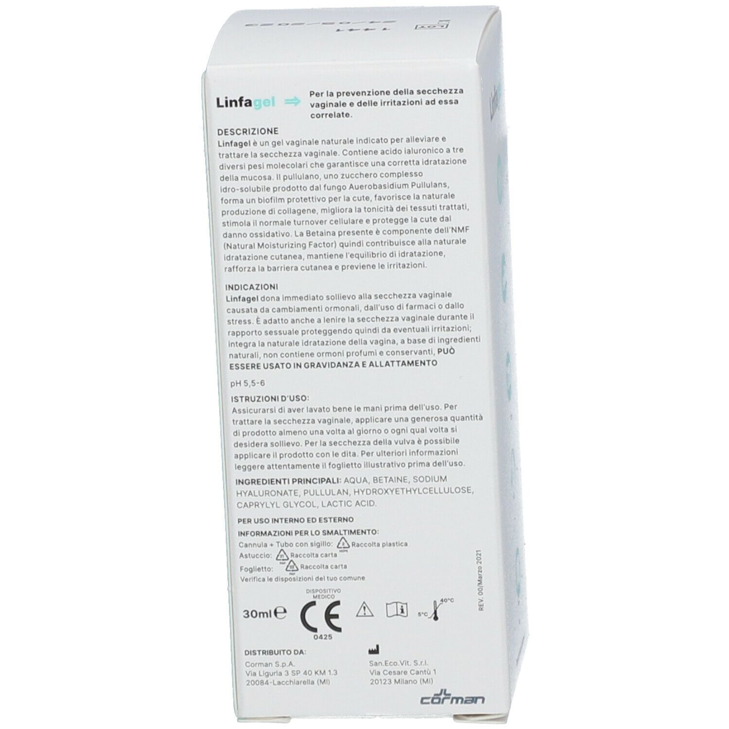 Confezione del prodotto con testo. Scritto: Linfagel, 30ml. Ingredienti, istruzioni e informazioni del produttore.