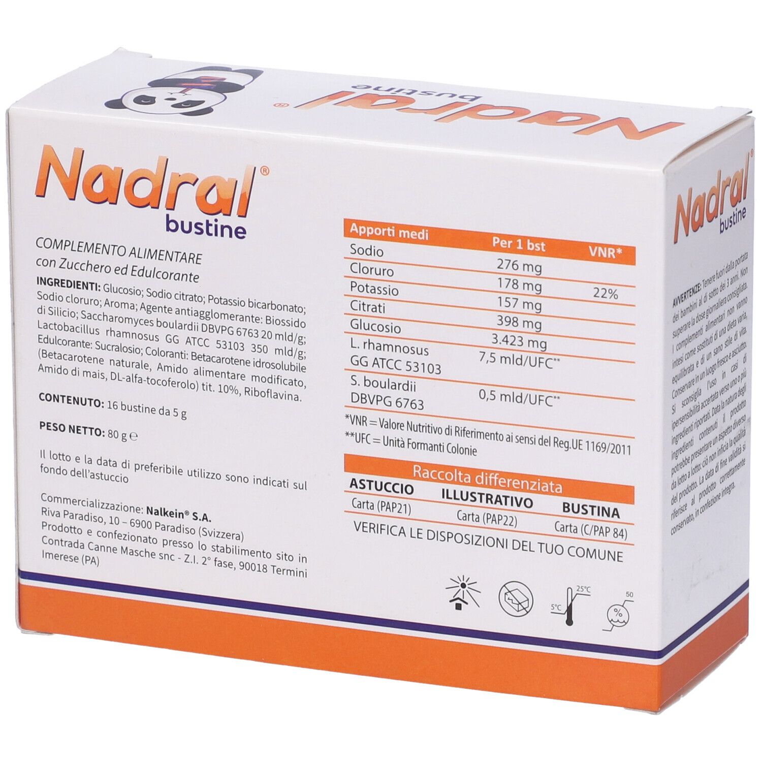 Scatola con nome del prodotto e illustrazione panda. Contiene informazioni nutrizionali. 16 bustine, 80g. Ingredienti e produttore.