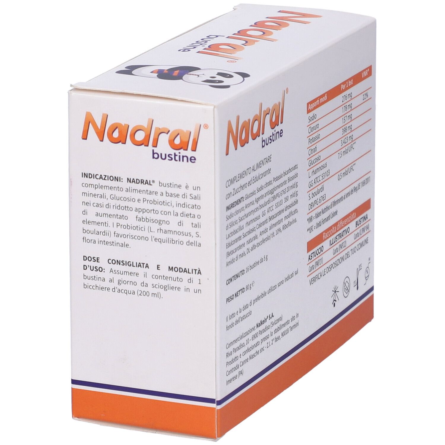 Scatola con nome del prodotto e illustrazione panda. Contiene informazioni sull'uso. Ingredienti e produttore.