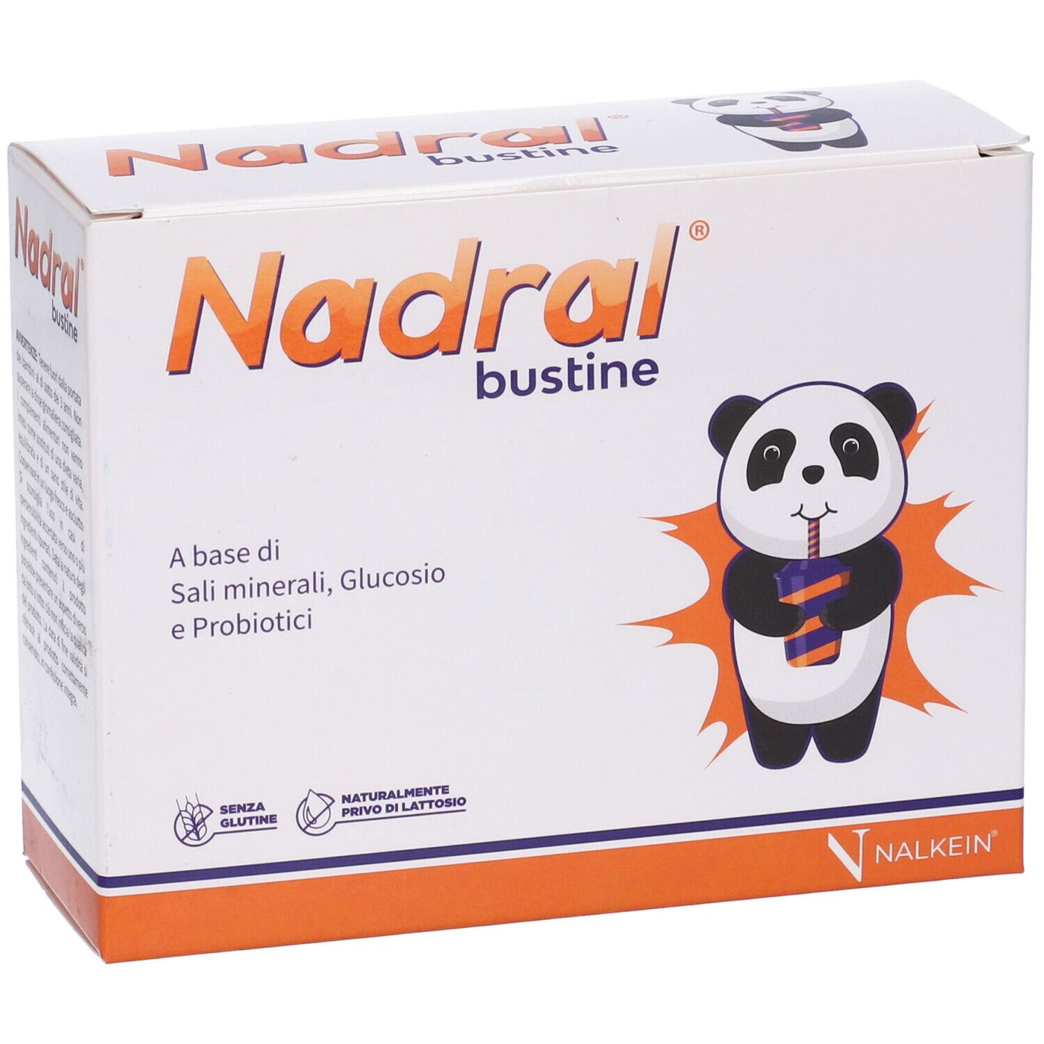 Scatola con nome del prodotto e illustrazione panda. Contiene sali minerali, glucosio e probiotici. Senza glutine e lattosio.