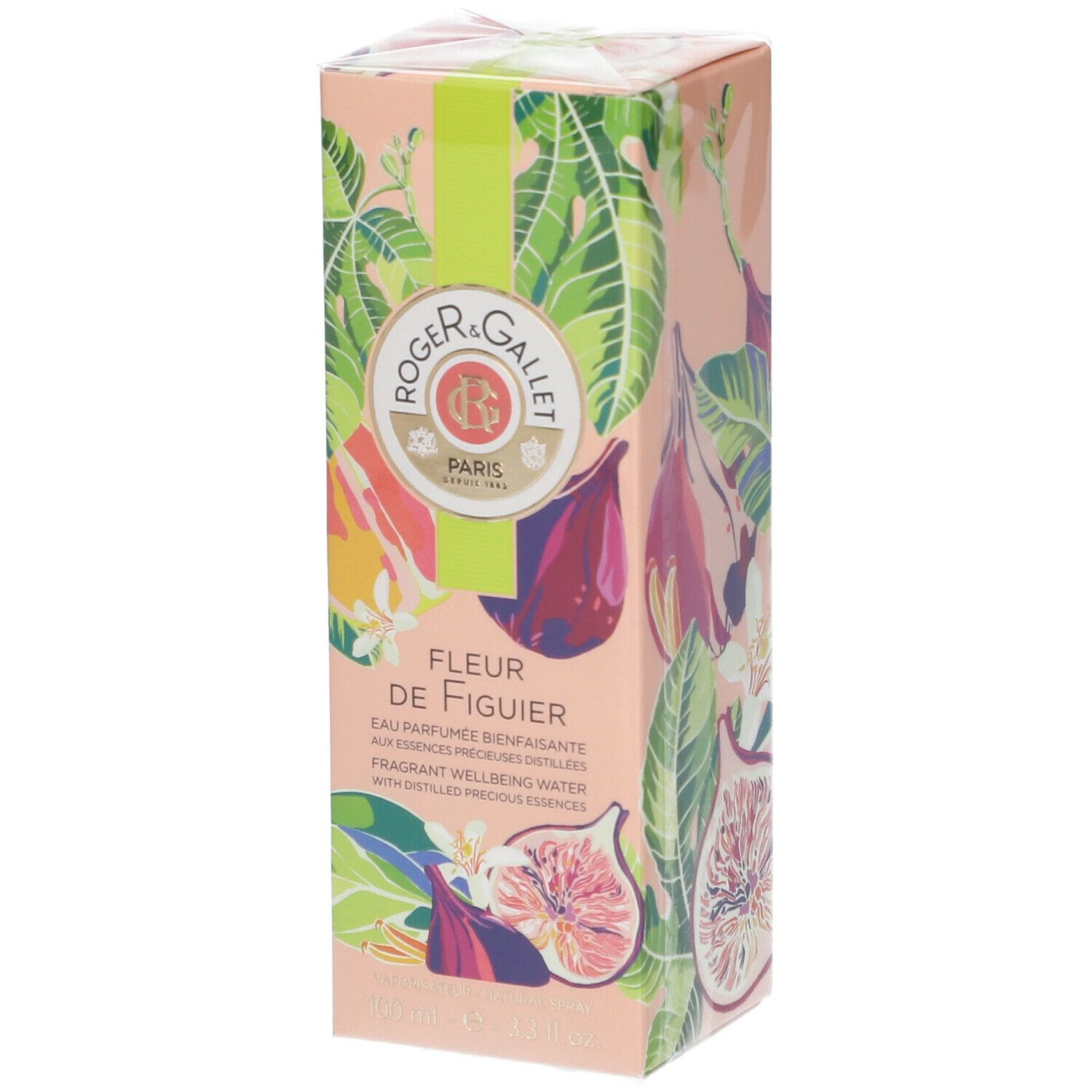 Confezione in cartone con design floreale e nome del prodotto. Logo ROGER & GALLET. Testo: FLEUR DE FIGUIER.