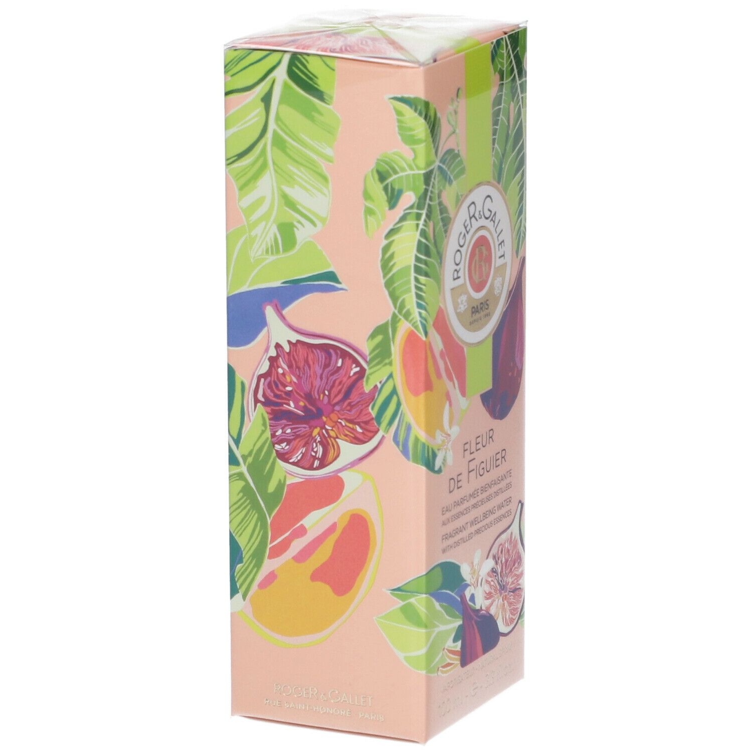 Confezione in cartone con design floreale. Logo ROGER & GALLET. Testo: FLEUR DE FIGUIER. Illustrazione di fichi.