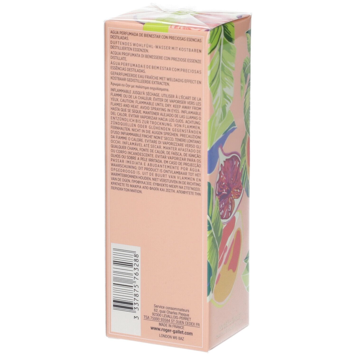 Retro della confezione in cartone. Testo multilingue. Codice a barre e informazioni del produttore.
