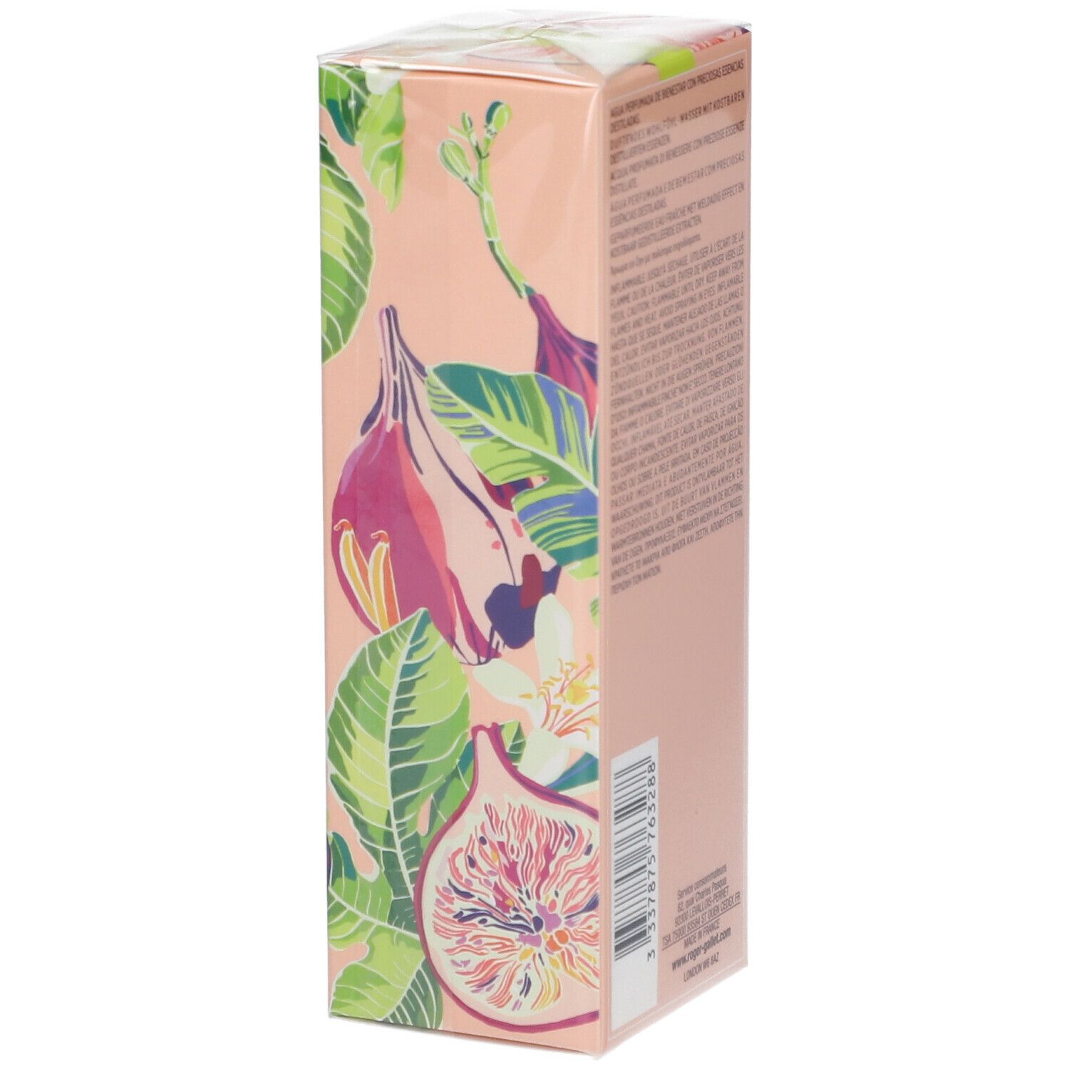 Lato della confezione in cartone con design floreale. Testo multilingue.