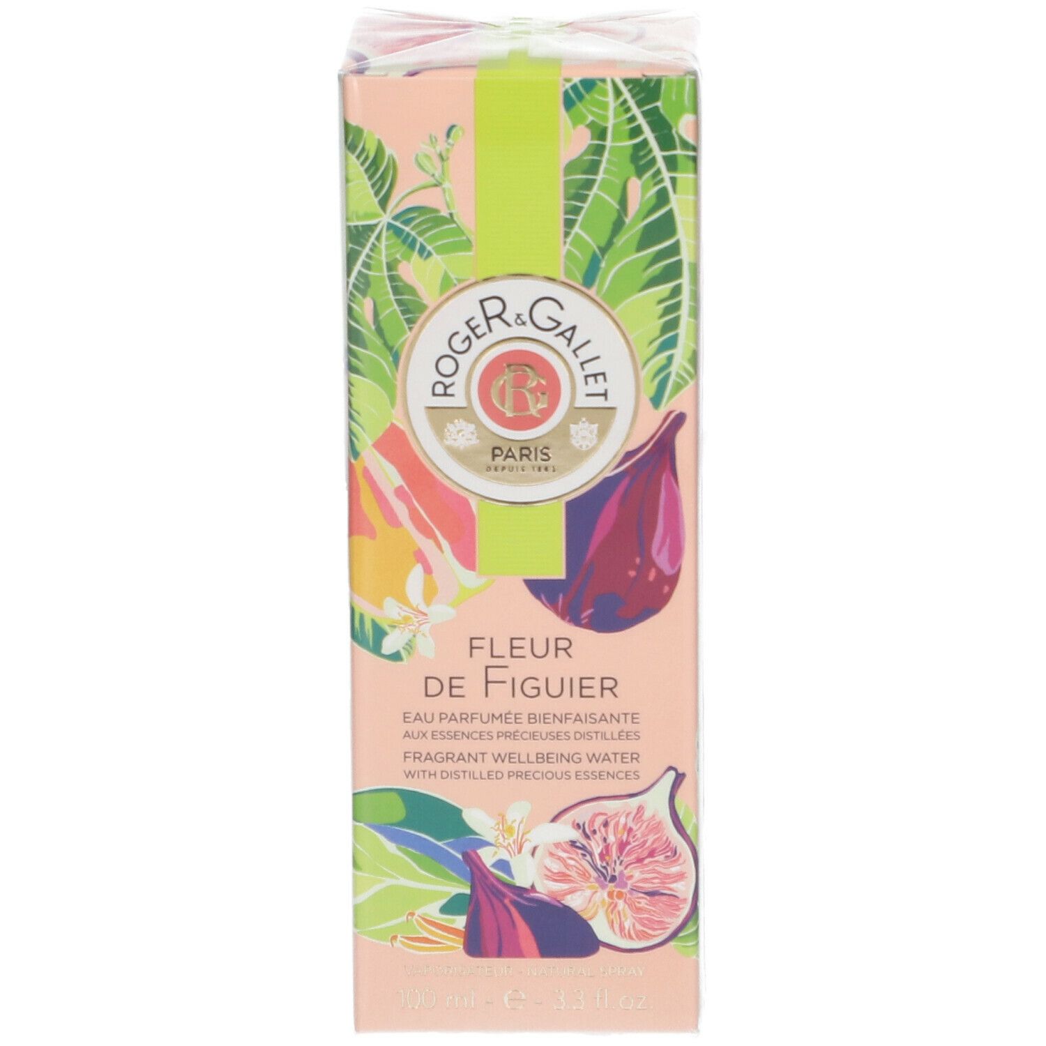 Fronte della confezione in cartone. Logo ROGER & GALLET. Testo: FLEUR DE FIGUIER. Design floreale.
