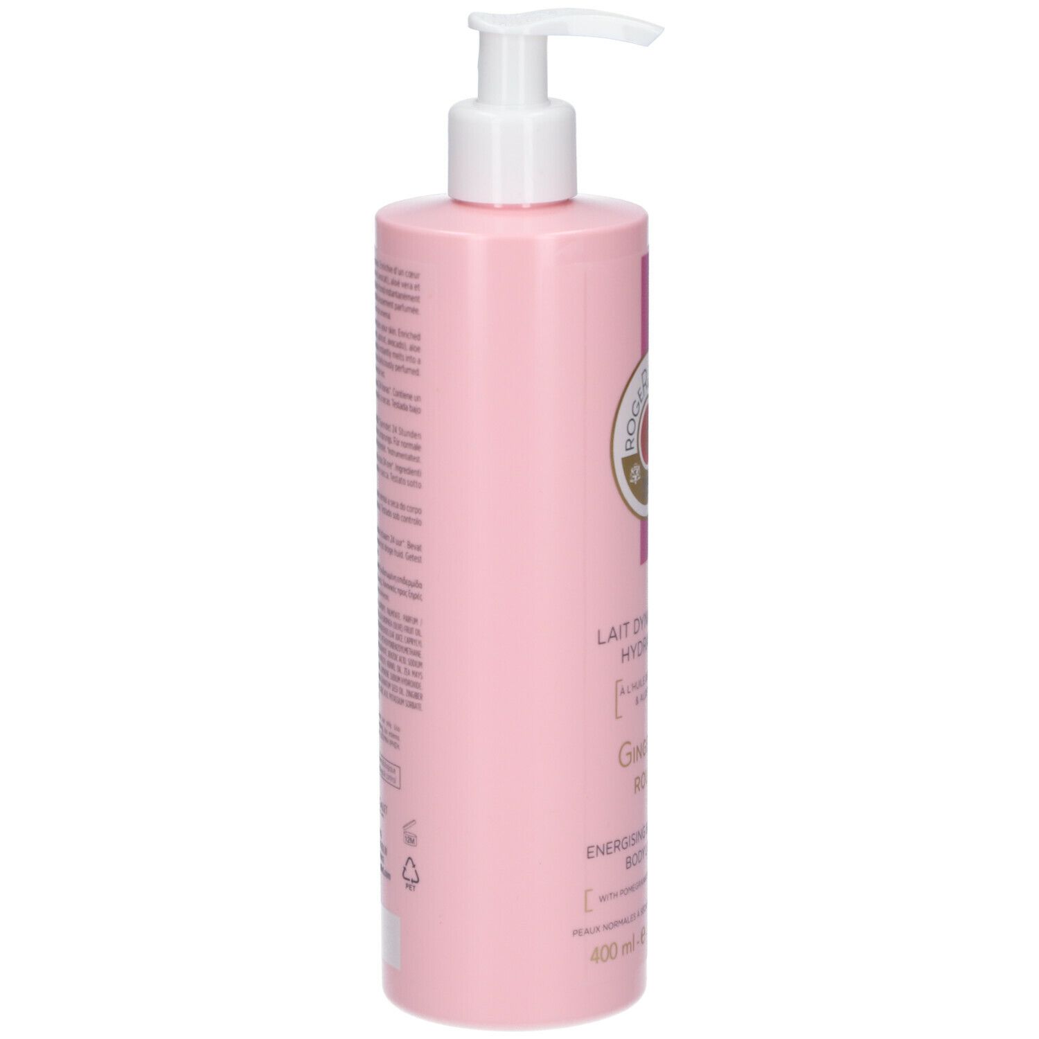 Flacone rosa con erogatore bianco. Testo sul lato. ROGER & GALLET, Gingembre Rouge, Lait Dynamisant Hydratant.
