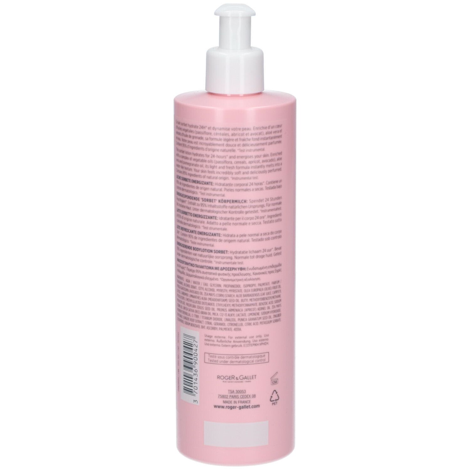 Flacone rosa con erogatore bianco. Retro con testo. ROGER & GALLET, Gingembre Rouge, Lait Dynamisant Hydratant.