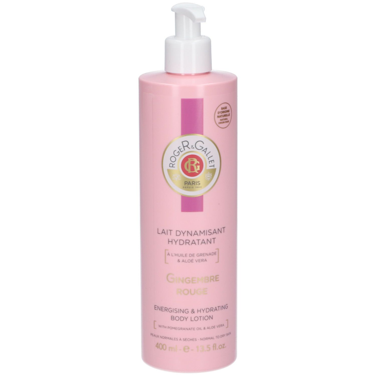 Flacone rosa con erogatore bianco. Scritta: ROGER & GALLET, Gingembre Rouge, Lait Dynamisant Hydratant.