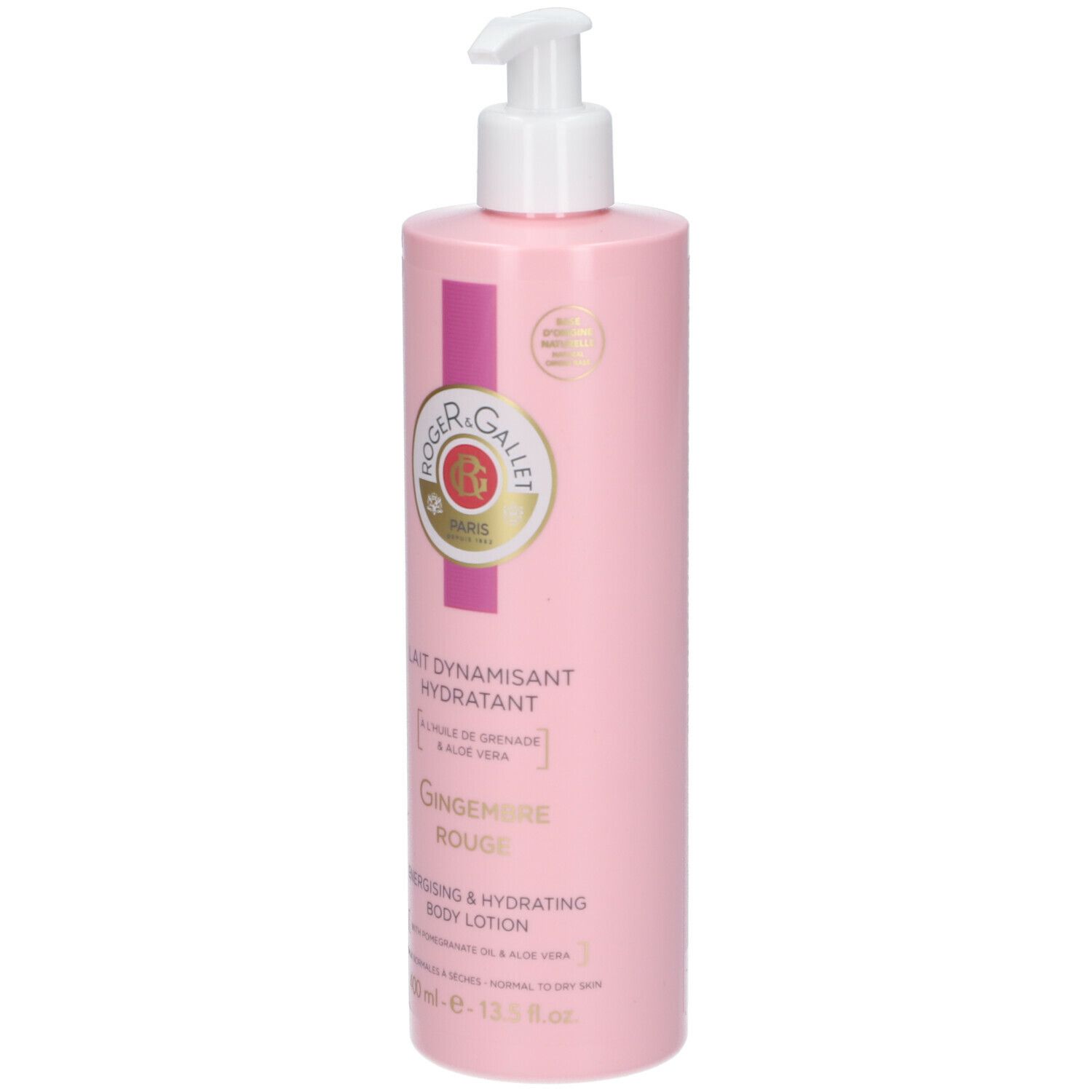 Flacone rosa con erogatore bianco. Scritta: ROGER & GALLET, Gingembre Rouge, Lait Dynamisant Hydratant.