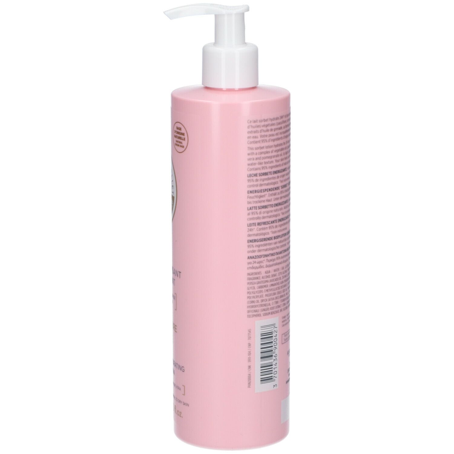 Flacone rosa con erogatore bianco. Retro con testo. ROGER & GALLET, Gingembre Rouge, Lait Dynamisant Hydratant.