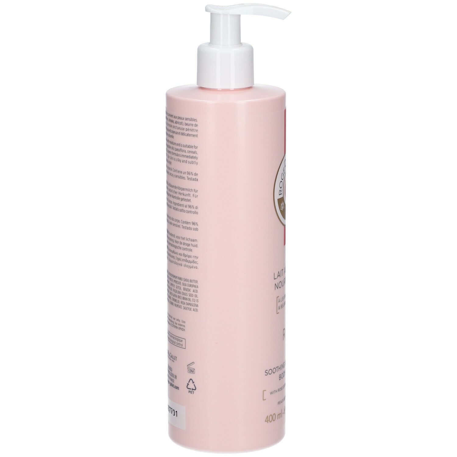 Lozione corpo rosa, retro con testo. Scritta: ROGER & GALLET, Lait Apaisant Nourrissant, Rose, Soothing & Nourishing Body Lotion.