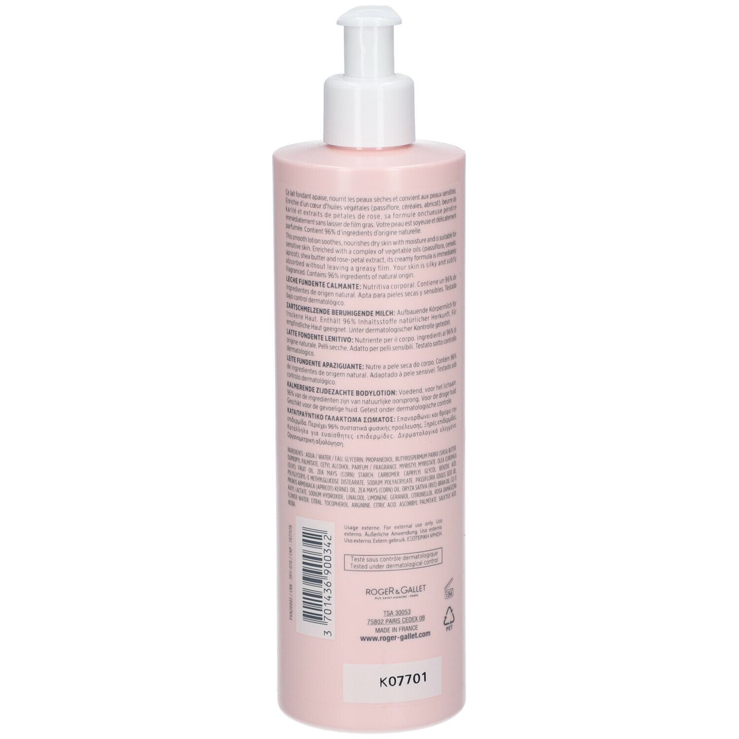 Lozione corpo rosa, retro con testo e codice a barre. Scritta: ROGER & GALLET, Lait Apaisant Nourrissant, Rose, Soothing & Nourishing Body Lotion.