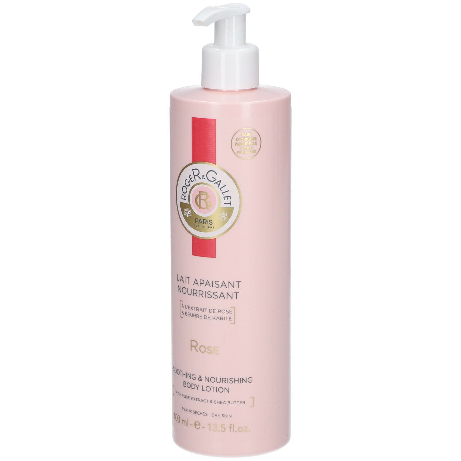 Lozione corpo rosa con dispenser. Scritta: ROGER & GALLET, Lait Apaisant Nourrissant, Rose, Soothing & Nourishing Body Lotion.