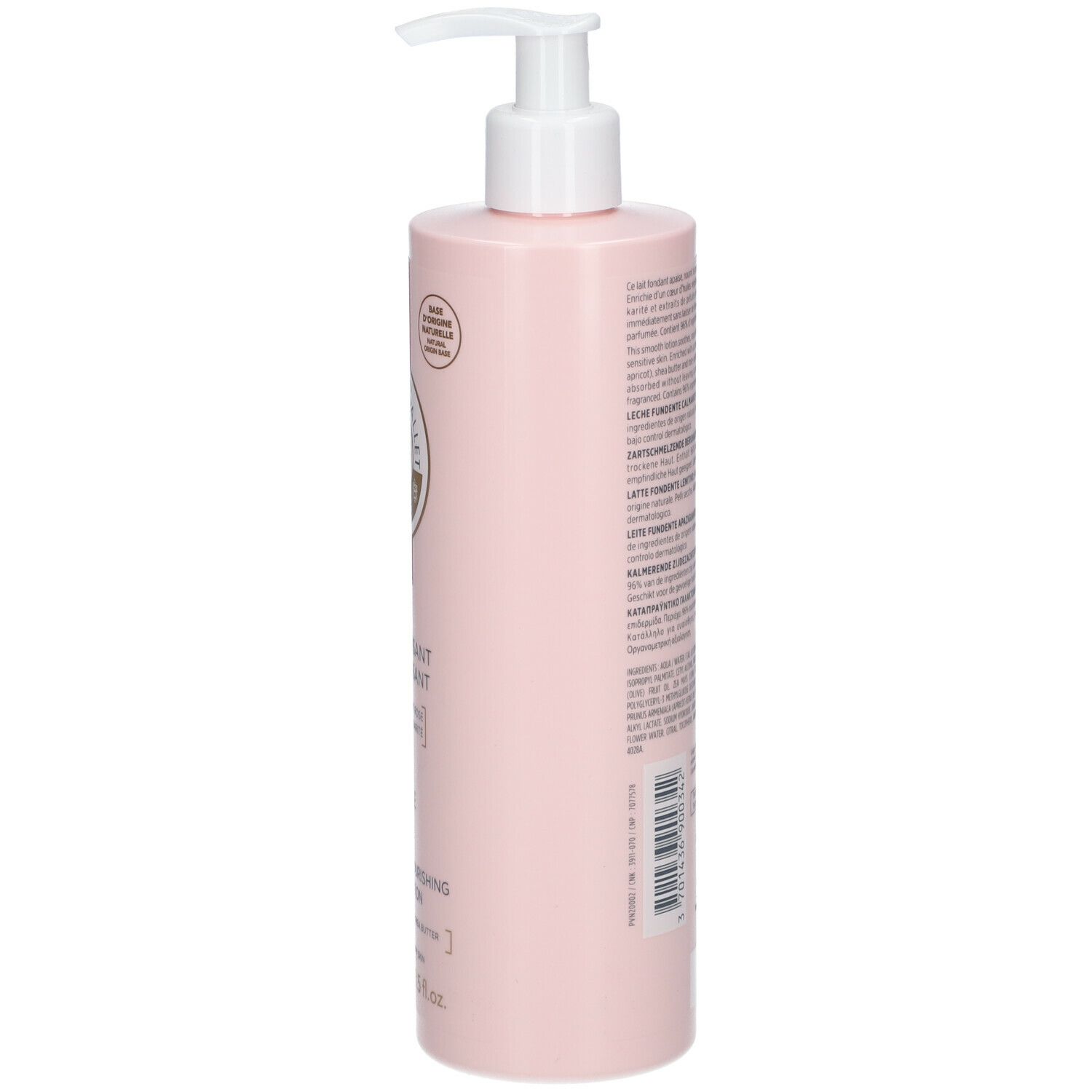 Lozione corpo rosa, retro con testo. Scritta: ROGER & GALLET, Lait Apaisant Nourrissant, Rose, Soothing & Nourishing Body Lotion.