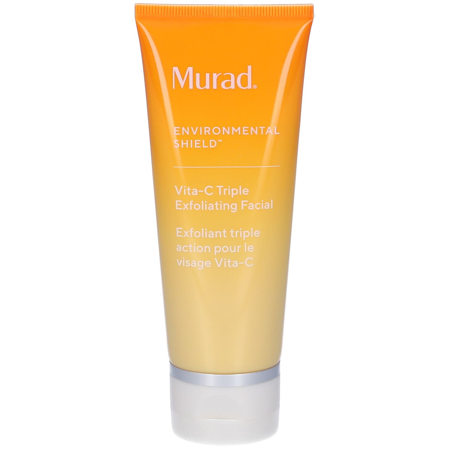Tubo arancione con tappo bianco. Scritta: Murad, Environmental Shield, Vita-C Triple Exfoliating Facial.