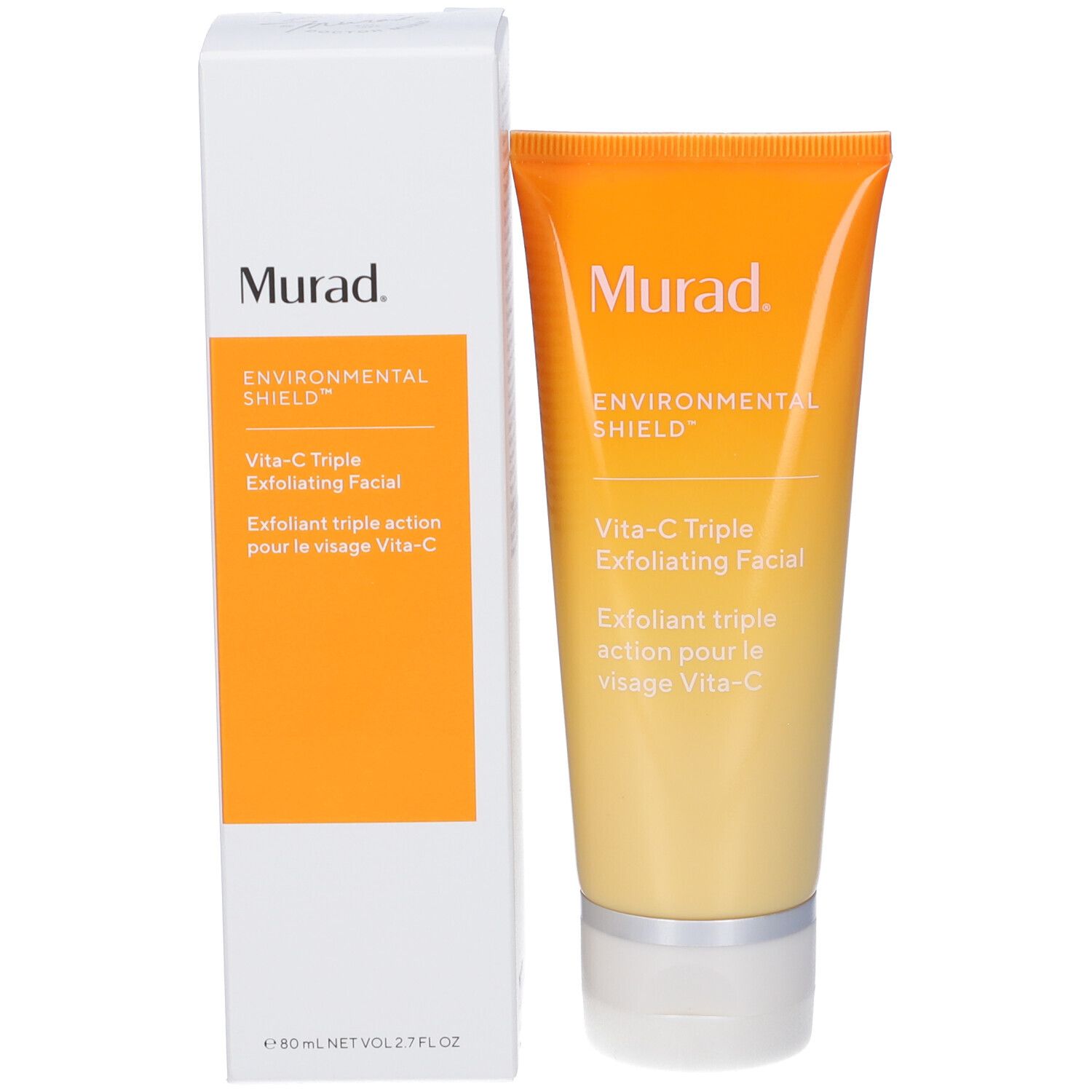 Confezione e tubo del prodotto. Confezione bianca con testo arancione. Tubo arancione.