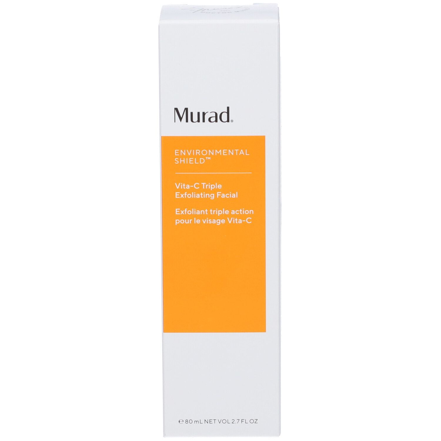 Confezione bianca con testo arancione. Scritta: Murad, Vita-C Triple Exfoliating Facial.