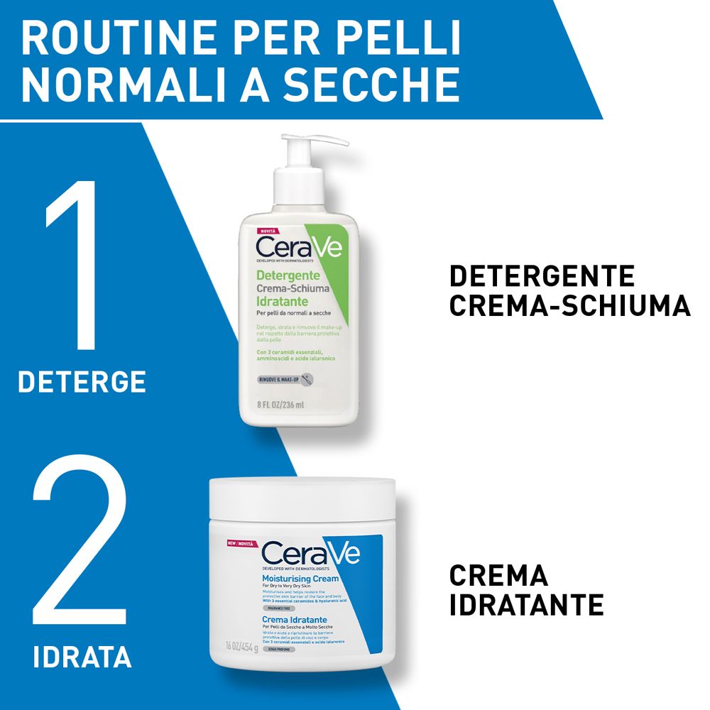 CeraVe Detergente crema-schiuma idratante Deterge ed Idrata. Con 3 ceramidi essenziali, acido ialuronico e tecnologia MVE 236 ml