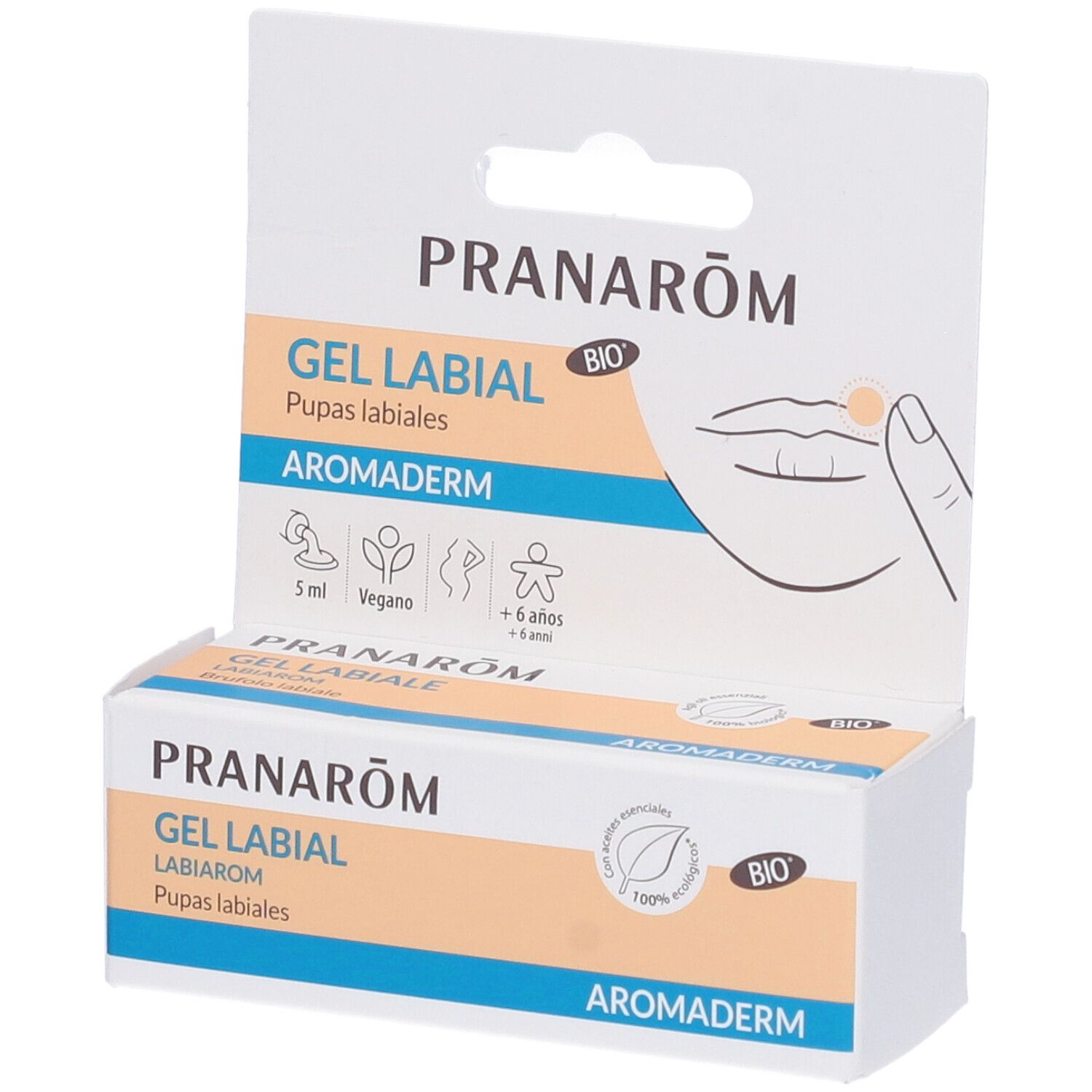 Pranarôm Aromaderm Gel Labbiale. Confezione con immagine del prodotto. Scritte: Gel Labbiale, Aromaderm, marchio bio, 5 ml, vegano.