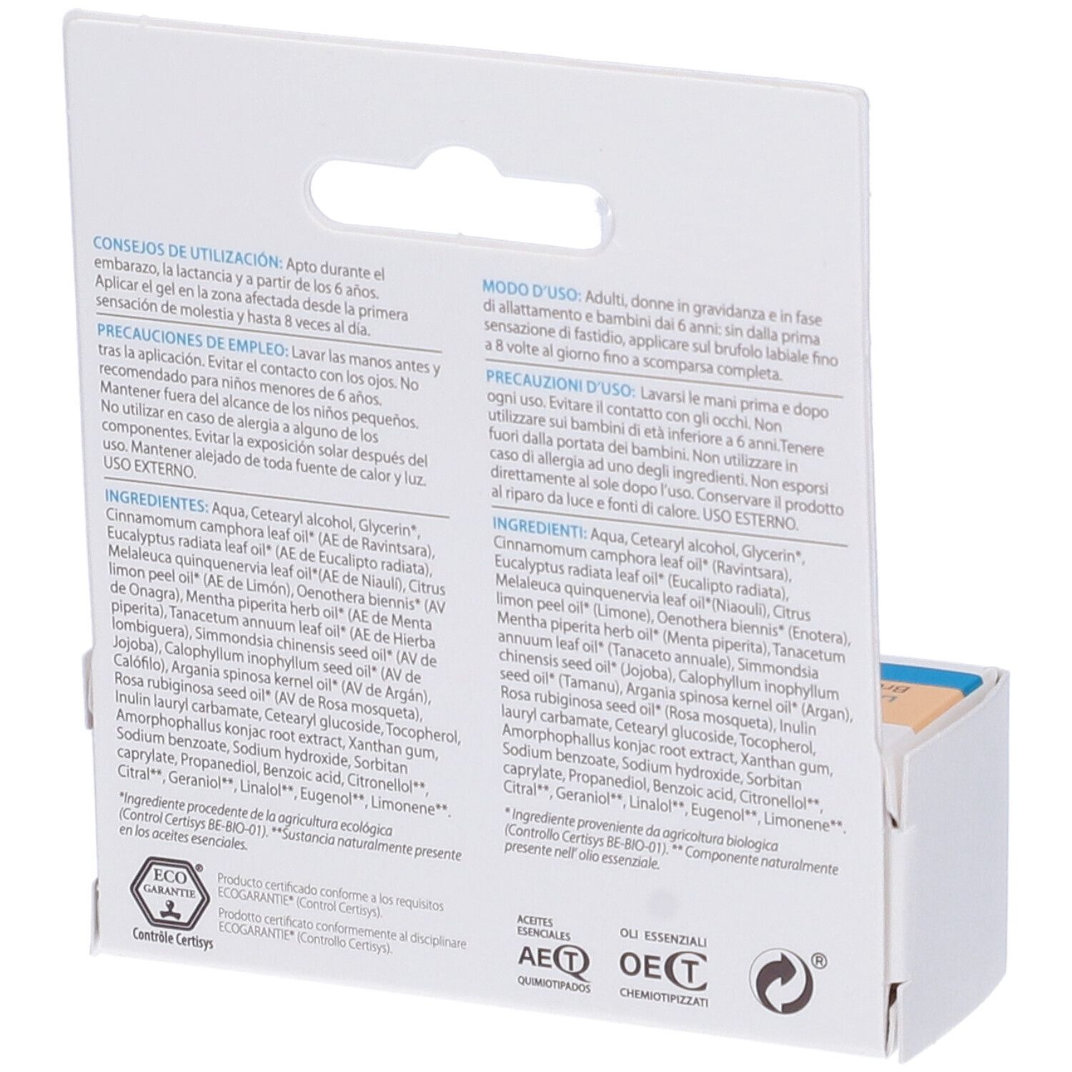Retro della confezione Pranarôm Aromaderm Gel Labbiale. Testo multilingue. Certificazione bio.