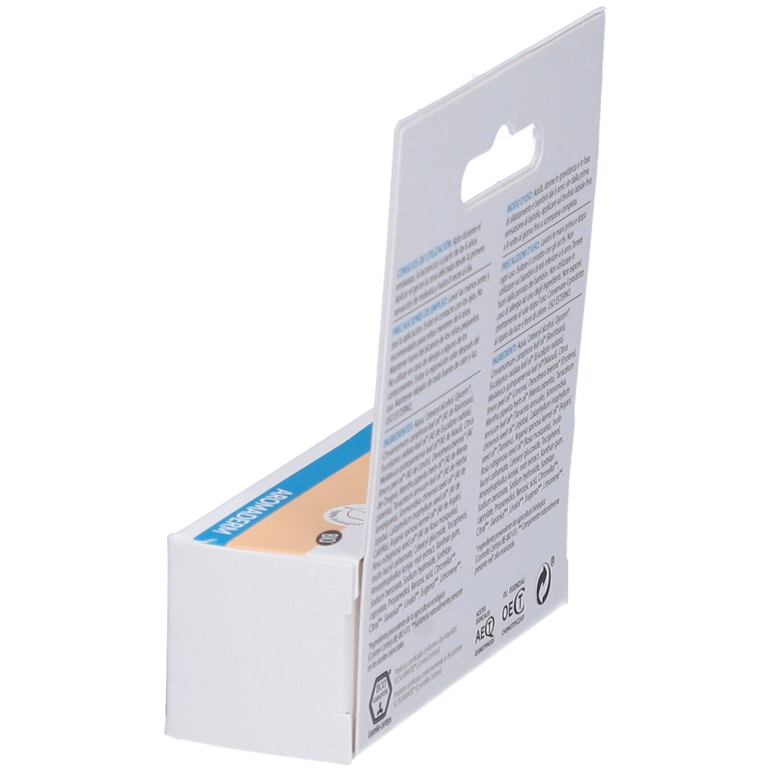 Retro della confezione Pranarôm Aromaderm Gel Labbiale. Testo multilingue. Certificazione bio.