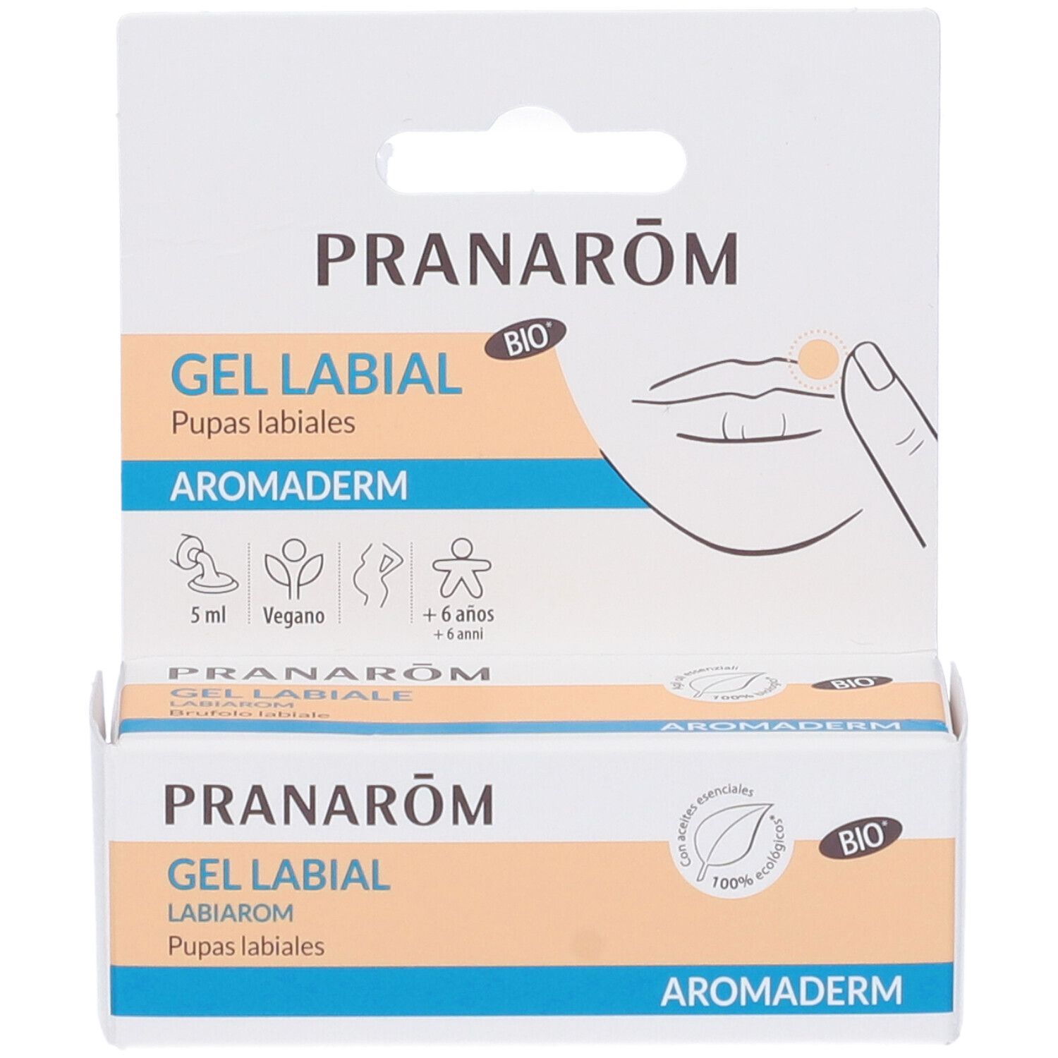 Pranarôm Aromaderm Gel Labbiale. Confezione. Scritte: Gel Labbiale, Aromaderm, marchio bio, 5 ml, vegano.