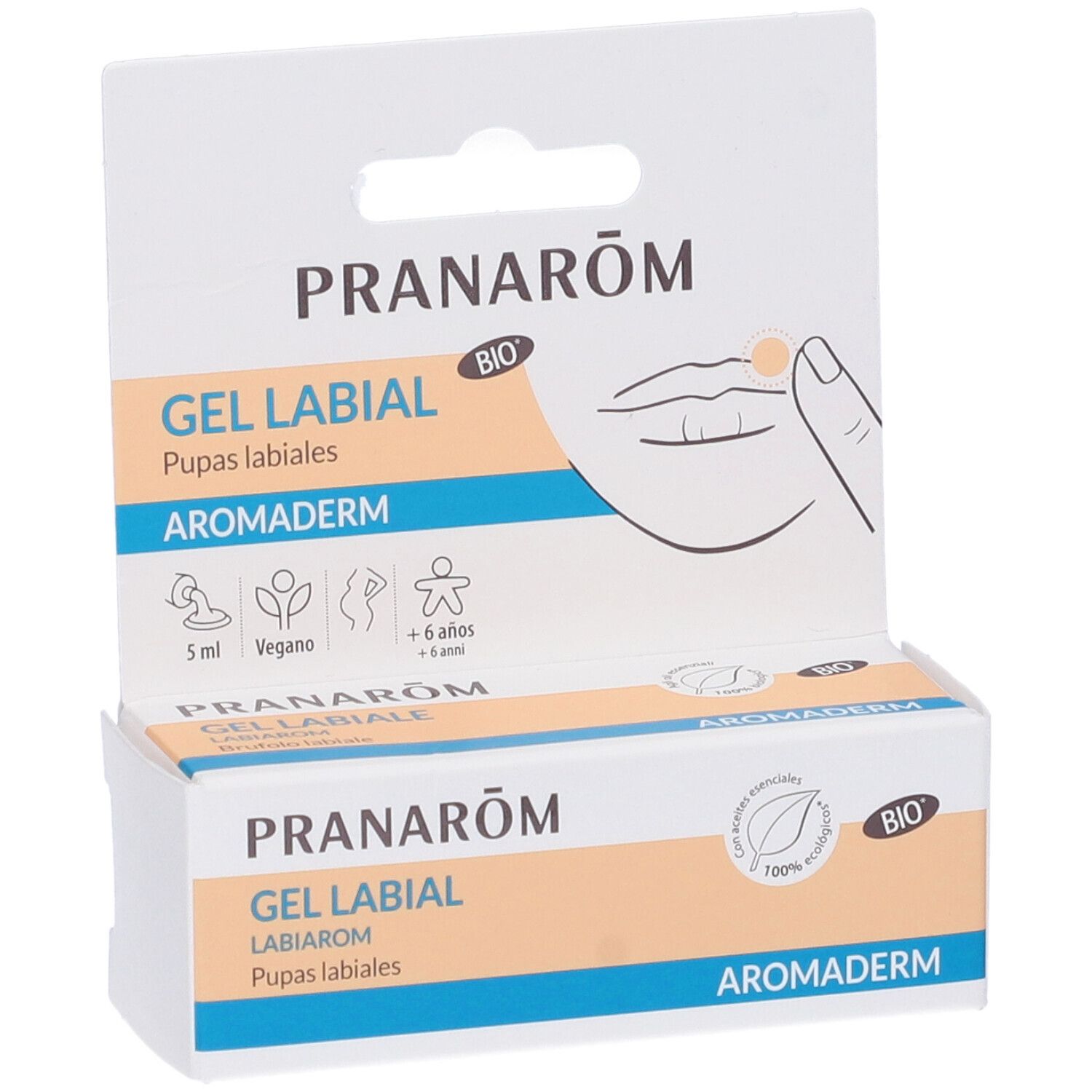 Pranarôm Aromaderm Gel Labbiale. Confezione. Scritte: Gel Labbiale, Aromaderm, marchio bio, 5 ml, vegano.