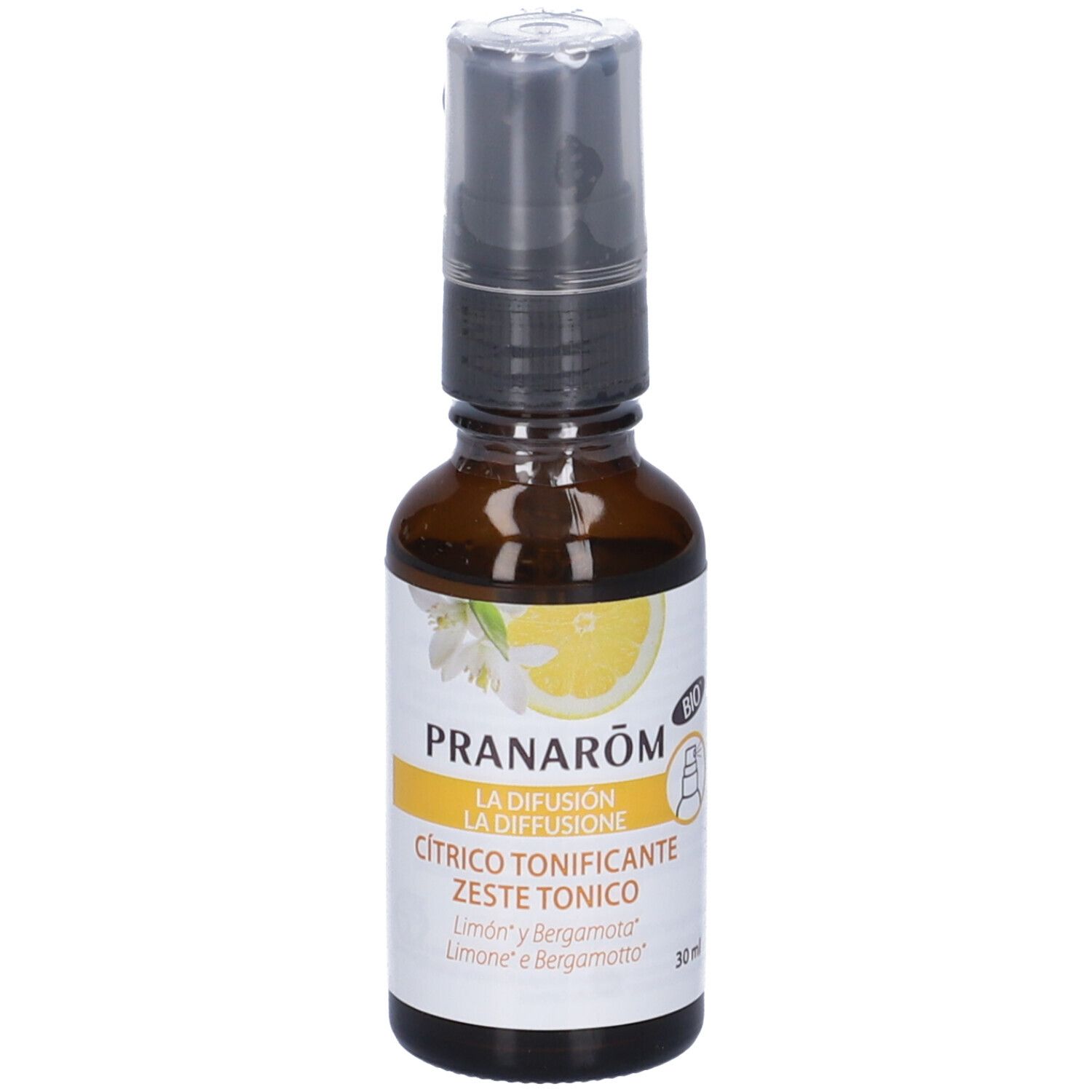 Flacone di vetro marrone con vaporizzatore. Scritta: Pranarôm La Diffusion, Zeste Tonico. Zeste Tonico. 30ml.