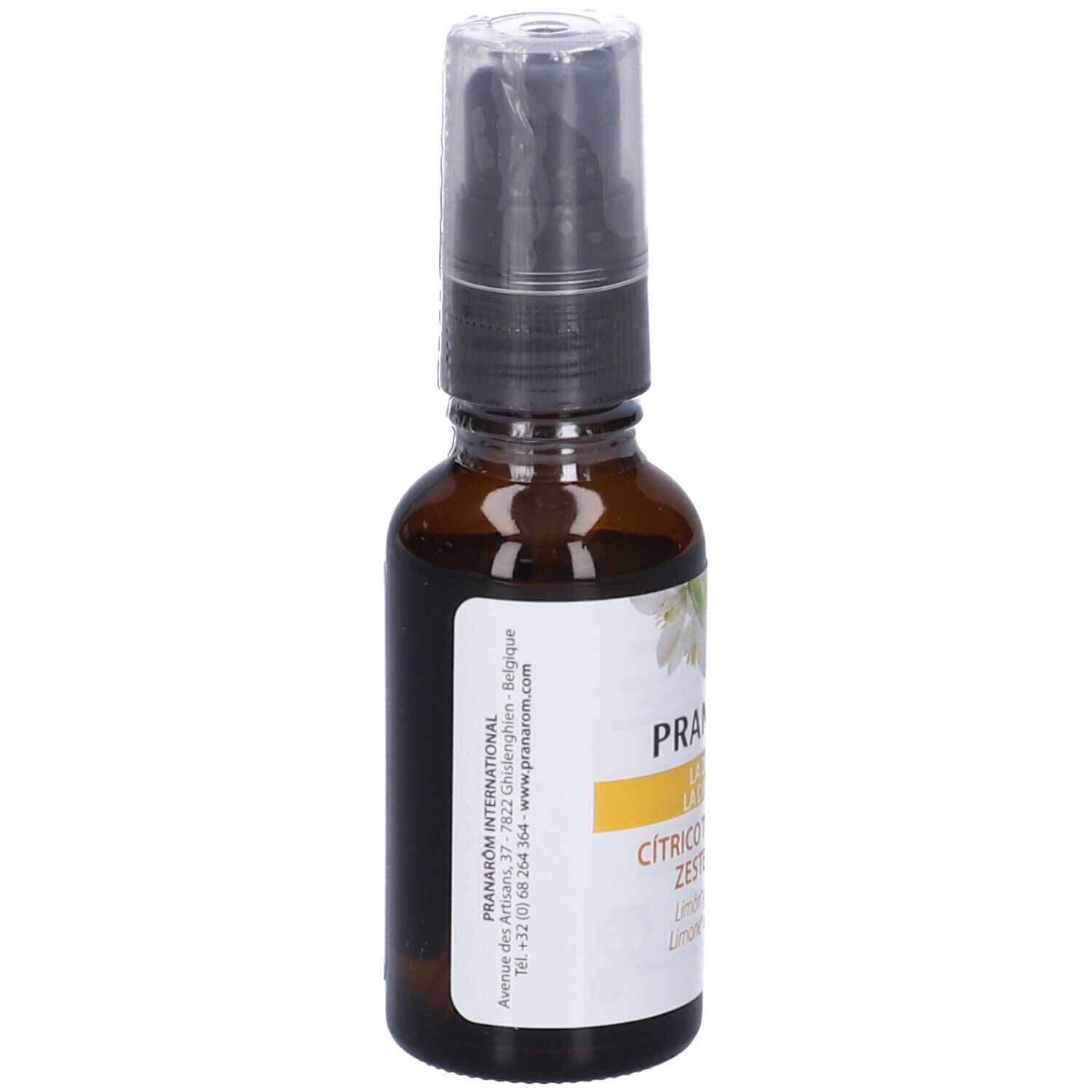 Flacone di vetro marrone con vaporizzatore. Scritta: Pranarôm La Diffusion, Zeste Tonico. Zeste Tonico. 30ml. Indirizzo e contatti.