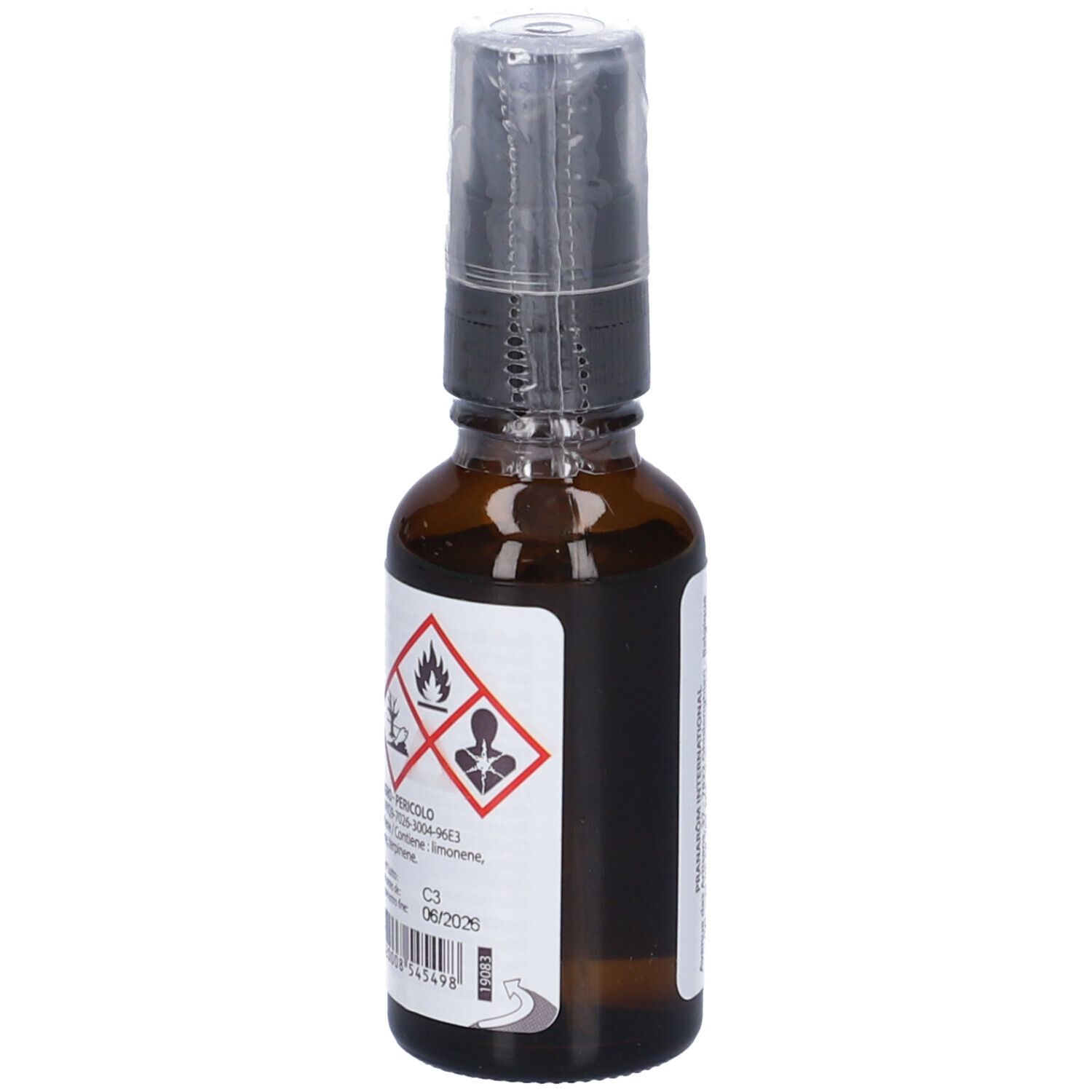 Flacone di vetro marrone con vaporizzatore. Scritta: Pranarôm La Diffusion, Zeste Tonico. Zeste Tonico. 30ml. Avvertenze e pittogrammi.