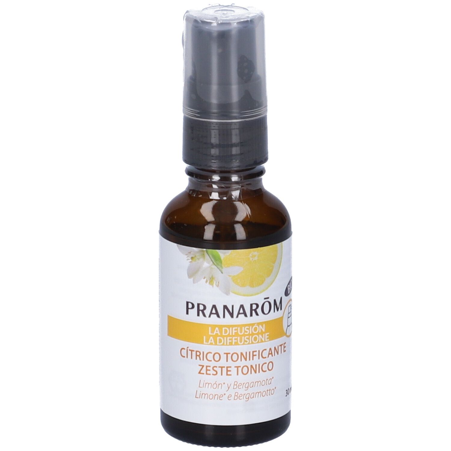 Flacone di vetro marrone con vaporizzatore. Scritta: Pranarôm La Diffusion, Zeste Tonico. Zeste Tonico. 30ml.