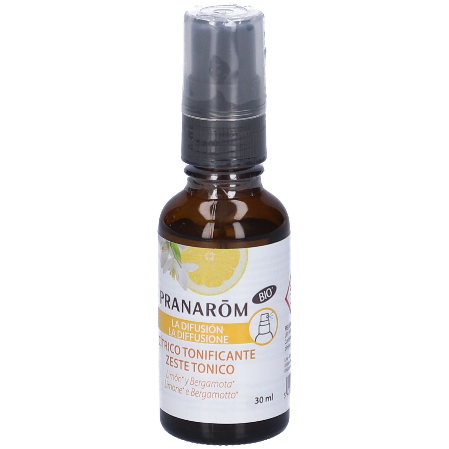 Flacone di vetro marrone con vaporizzatore. Scritta: Pranarôm La Diffusion, Zeste Tonico. Zeste Tonico. 30ml. Sigillo bio.