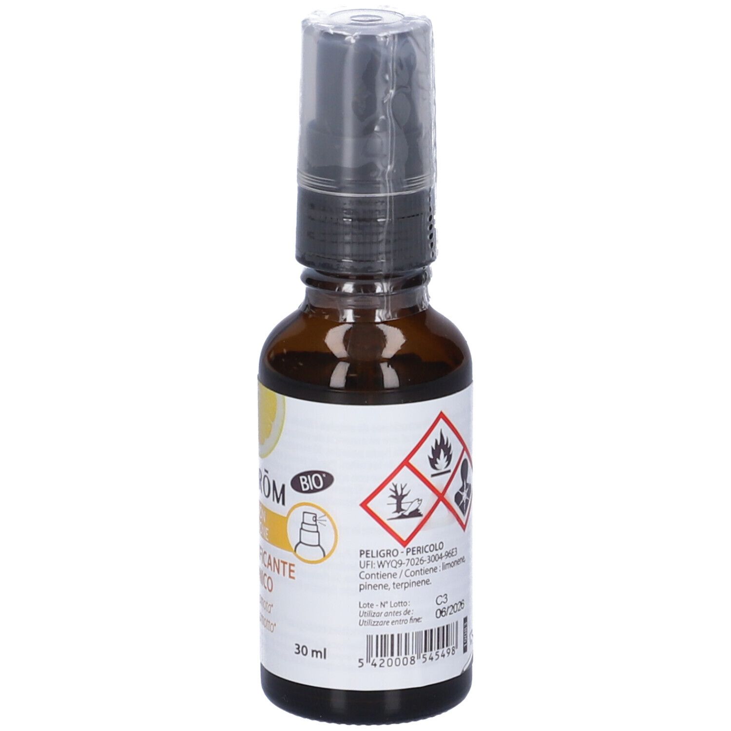 Flacone di vetro marrone con vaporizzatore. Scritta: Pranarôm La Diffusion, Zeste Tonico. Zeste Tonico. 30ml. Sigillo bio e avvertenze.