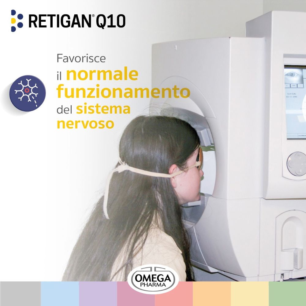 Persona davanti a un dispositivo medico. Testo: "RETIGAN Q10". Logo "OMEGA PHARMA". Testo: "Favorisce il normale funzionamento del sistema nervoso".