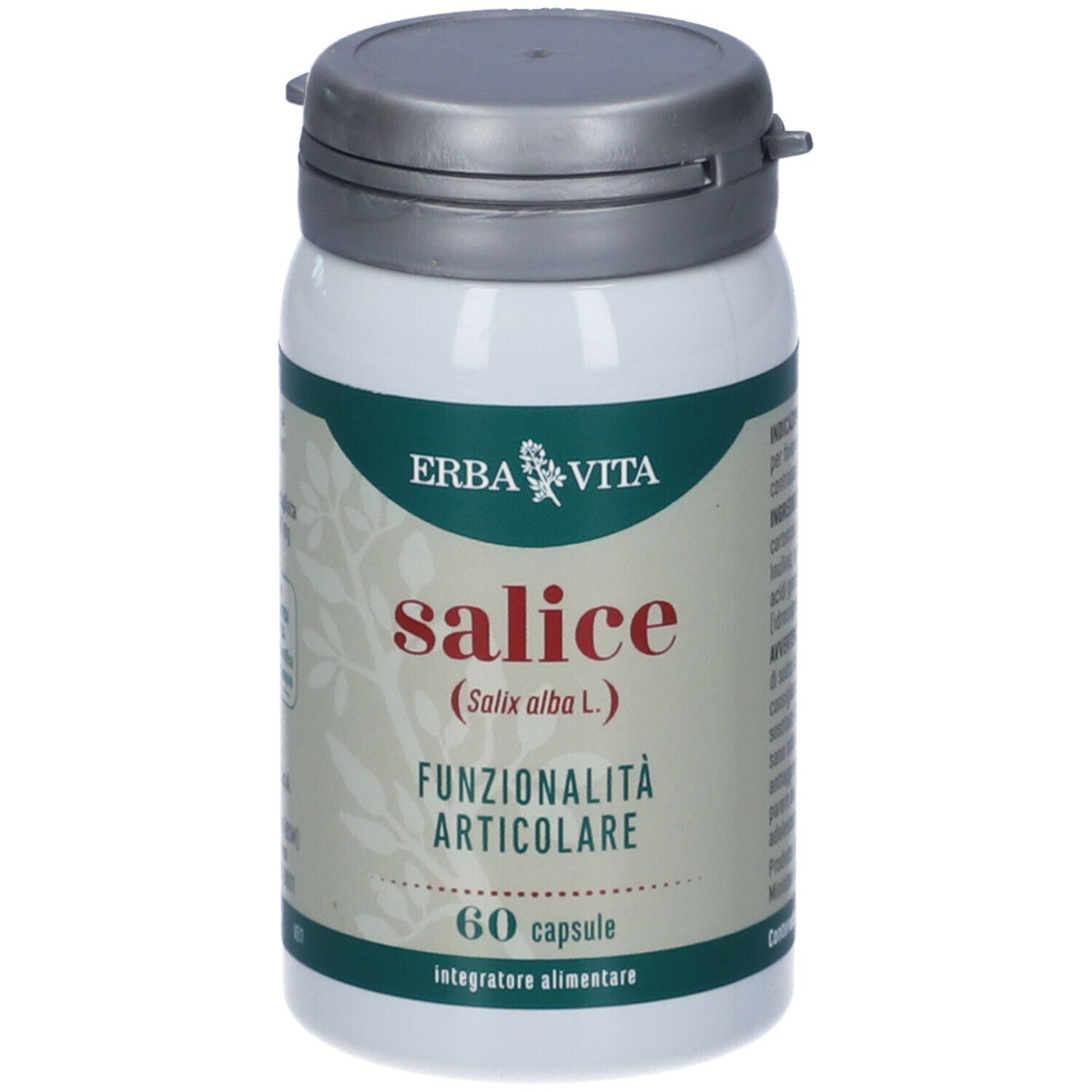 Retro del flacone. Testo: Erba Vita, ingredienti, modo d'uso, senza lattosio, per vegani.