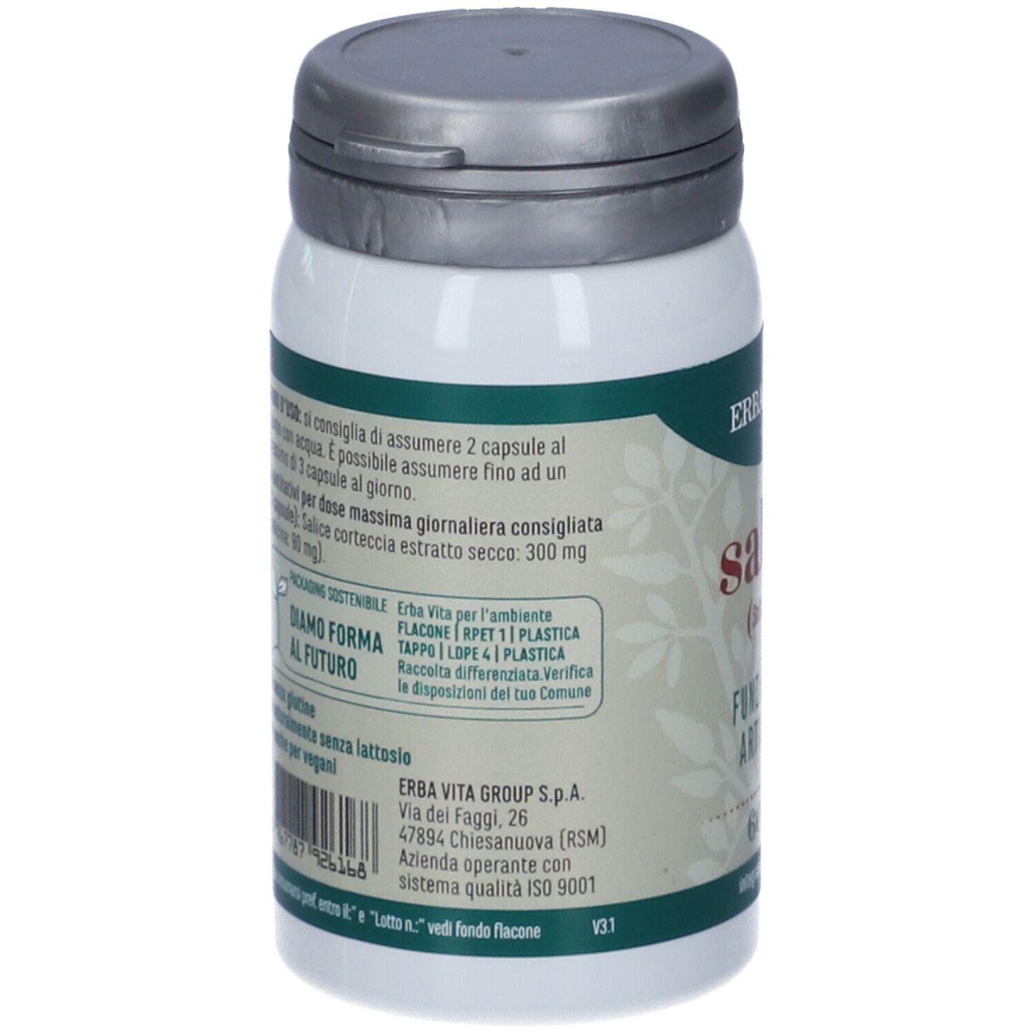 Retro del flacone. Testo: Erba Vita, ingredienti, modo d'uso, senza lattosio, per vegani.