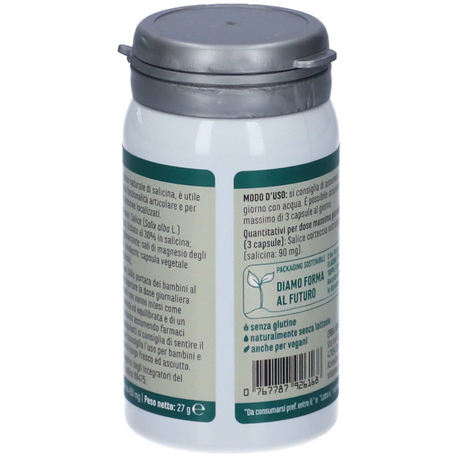 Flacone con capsule. Testo: Erba Vita, Salice, Funzionalità Articolare, 60 capsule.