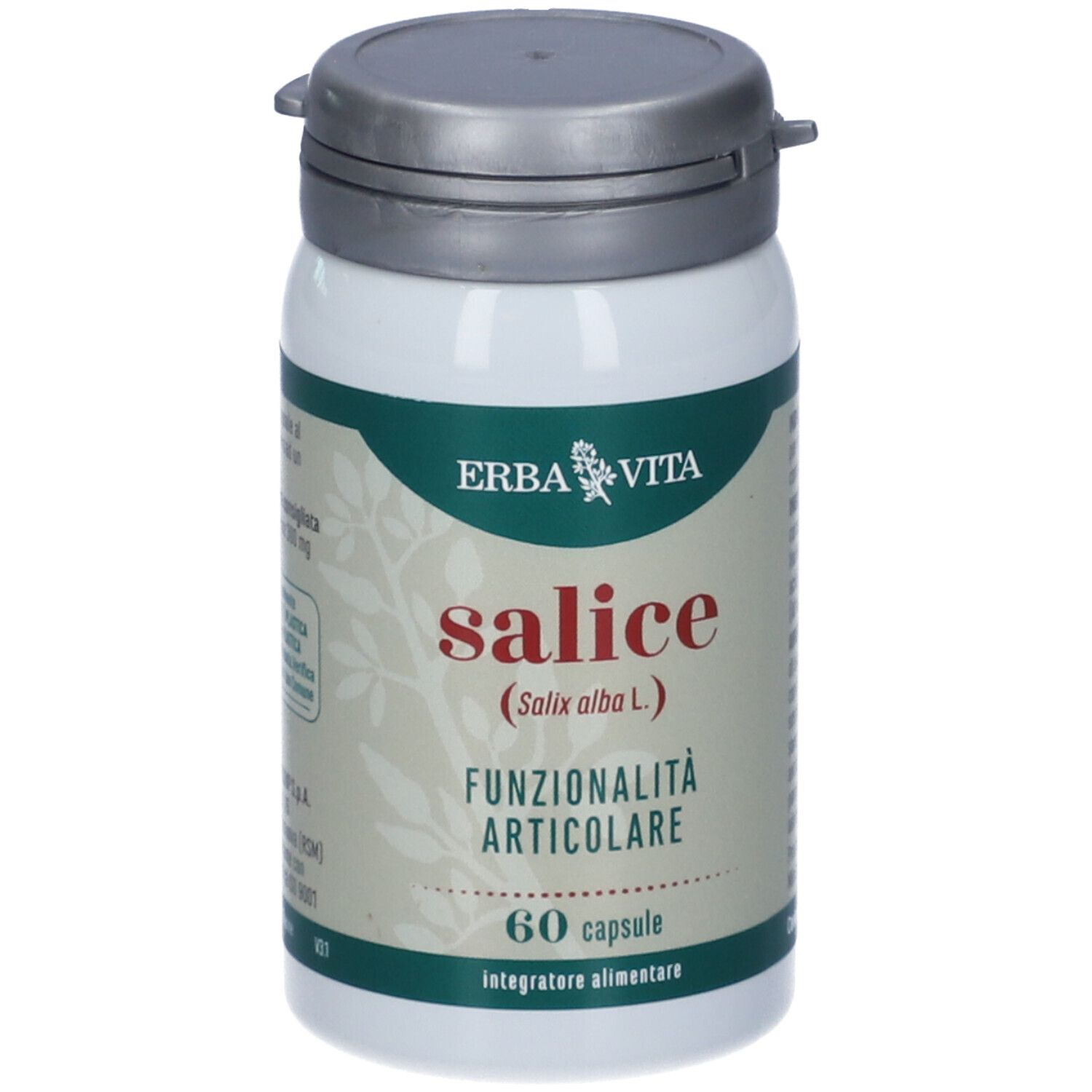 Flacone con capsule. Testo: Erba Vita, Salice, Funzionalità Articolare, 60 capsule.