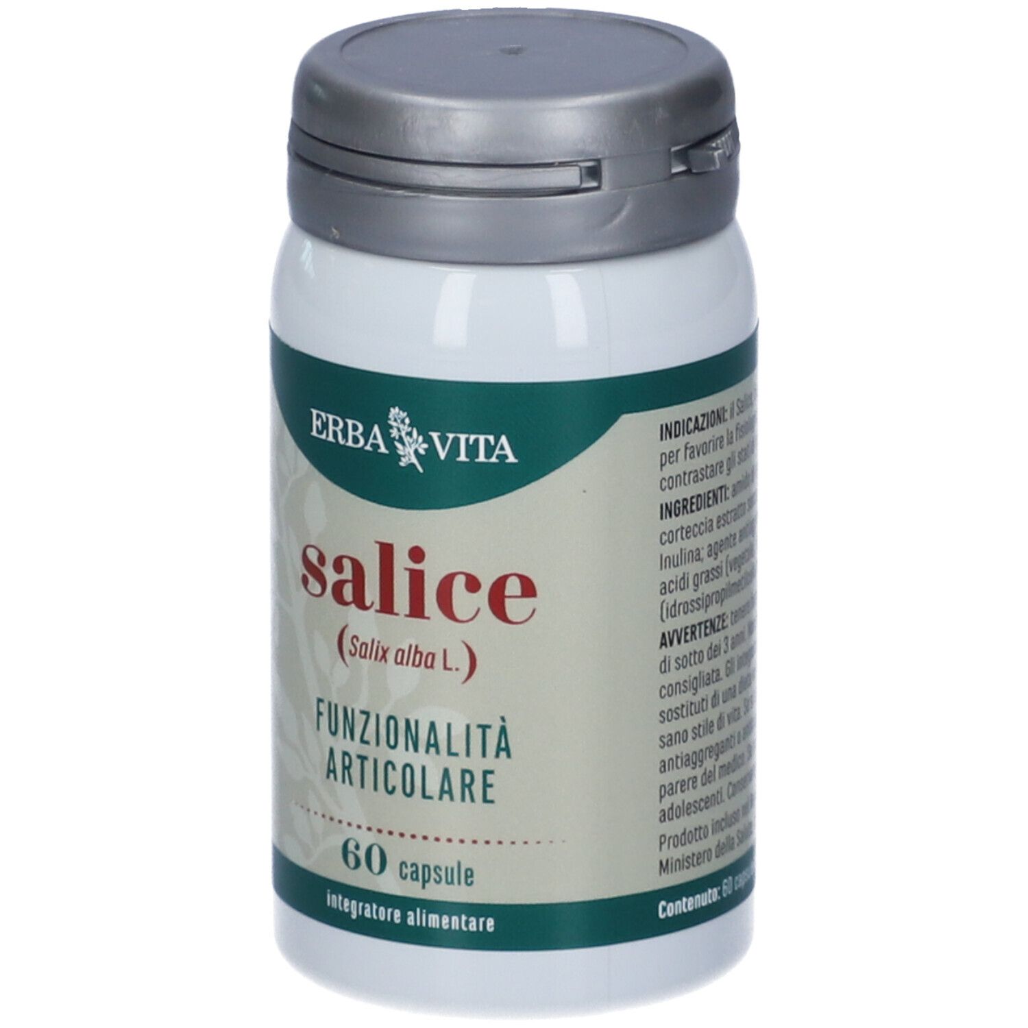 Flacone con capsule. Testo: Erba Vita, Salice, Funzionalità Articolare, 60 capsule.