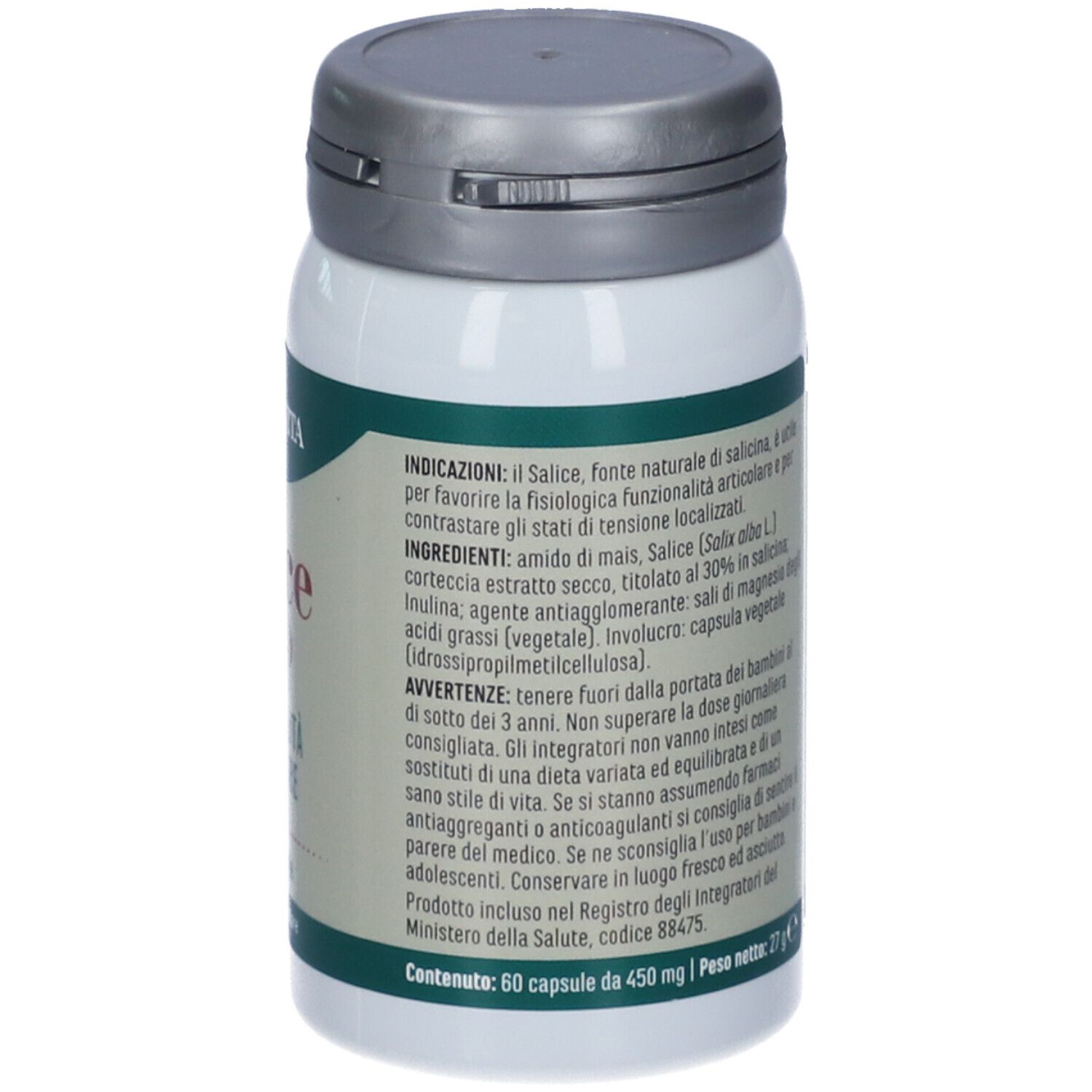 Retro del flacone. Testo: Erba Vita, ingredienti, modo d'uso, senza lattosio, per vegani.