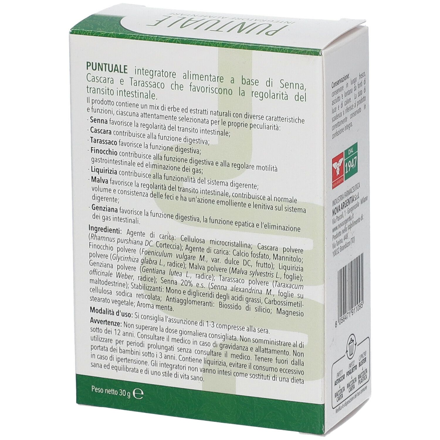 Scatola bianca con testo. "PUNTUALE Integratore alimentare". Ingredienti e istruzioni per l'uso. Testo in italiano.