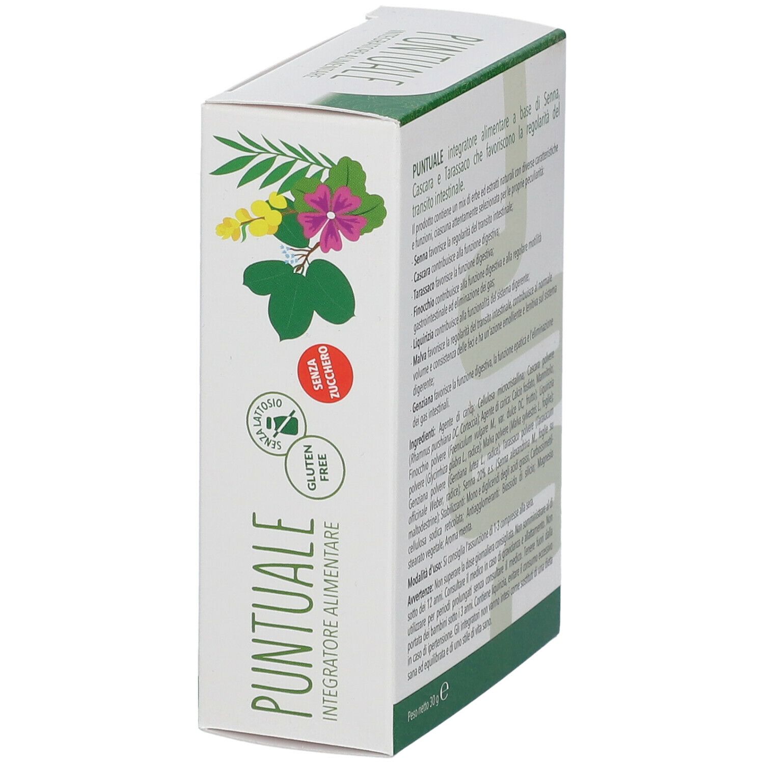 Scatola bianca con accento verde e testo. "PUNTUALE Integratore Alimentare". Senza glutine e senza lattosio. Illustrazione di erbe.