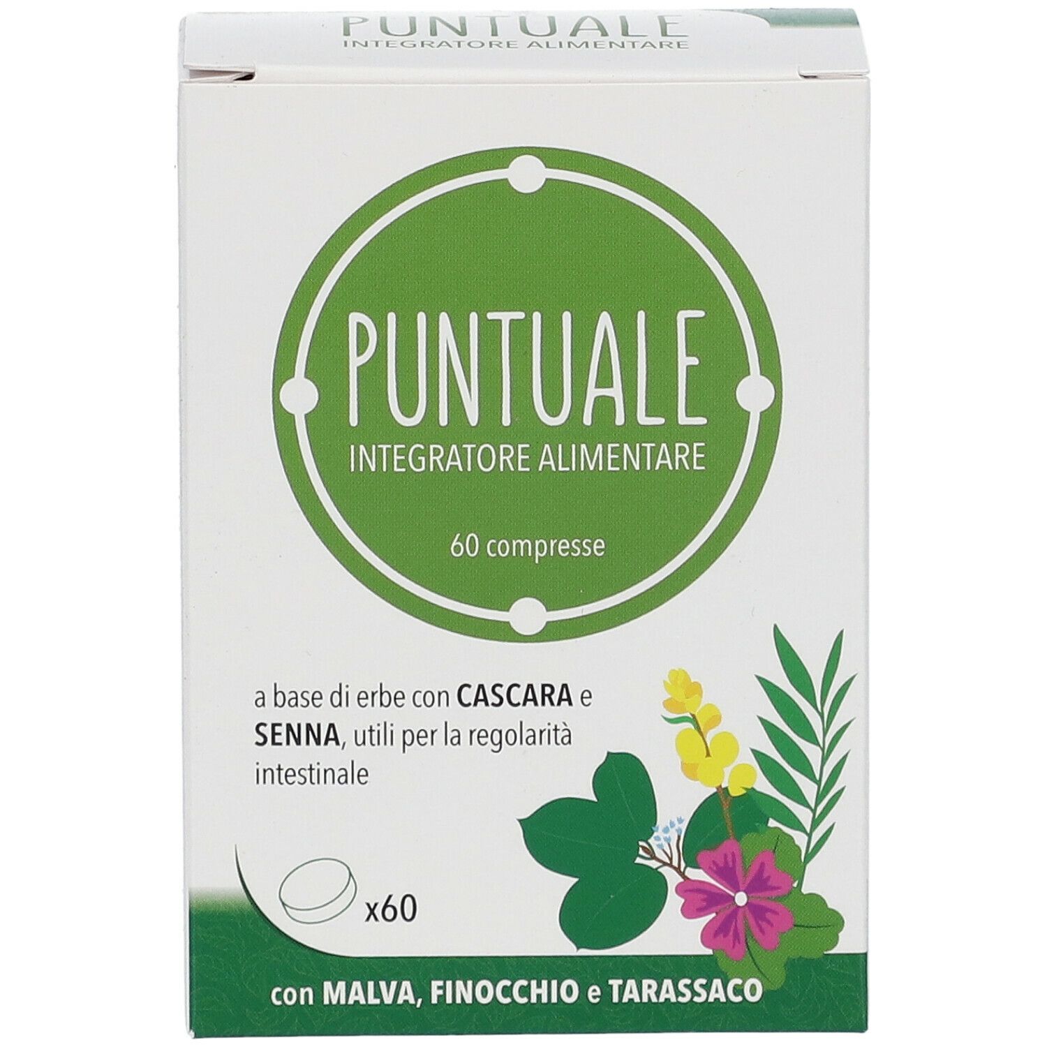 Scatola bianca con cerchio verde e testo. "PUNTUALE Integratore Alimentare". 60 compresse. Illustrazione di erbe.