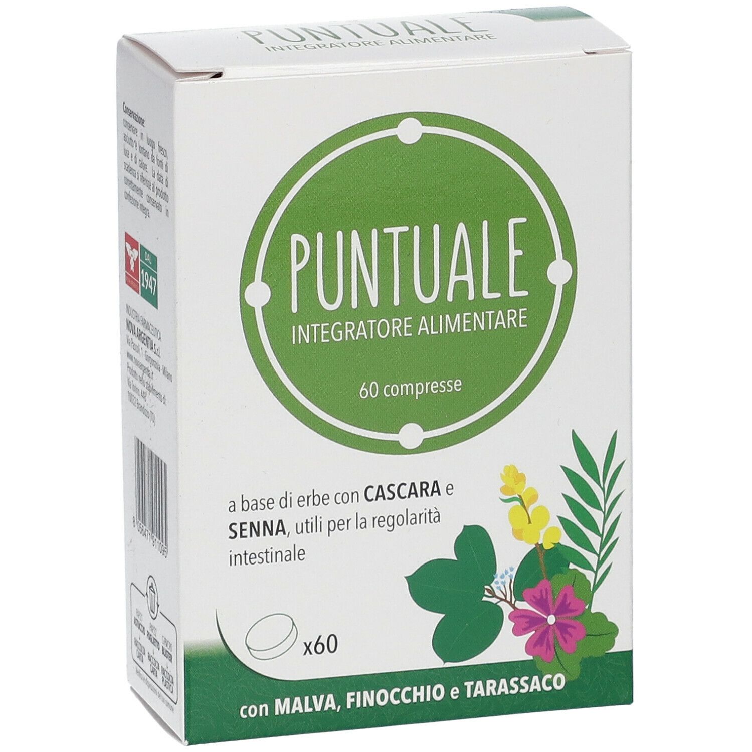 Scatola bianca con cerchio verde e testo. "PUNTUALE Integratore Alimentare". 60 compresse. Illustrazione di erbe.