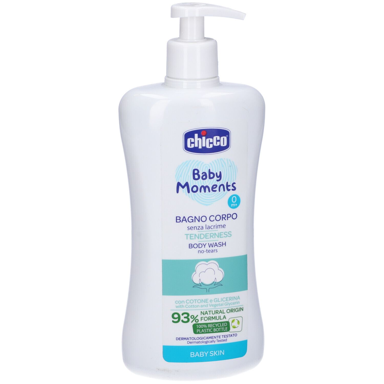 Flacone bianco con dosatore. Scritta: Chicco Baby Moments, Bagno Corpo, Tenderness, Body Wash. 93% Natural Origin.