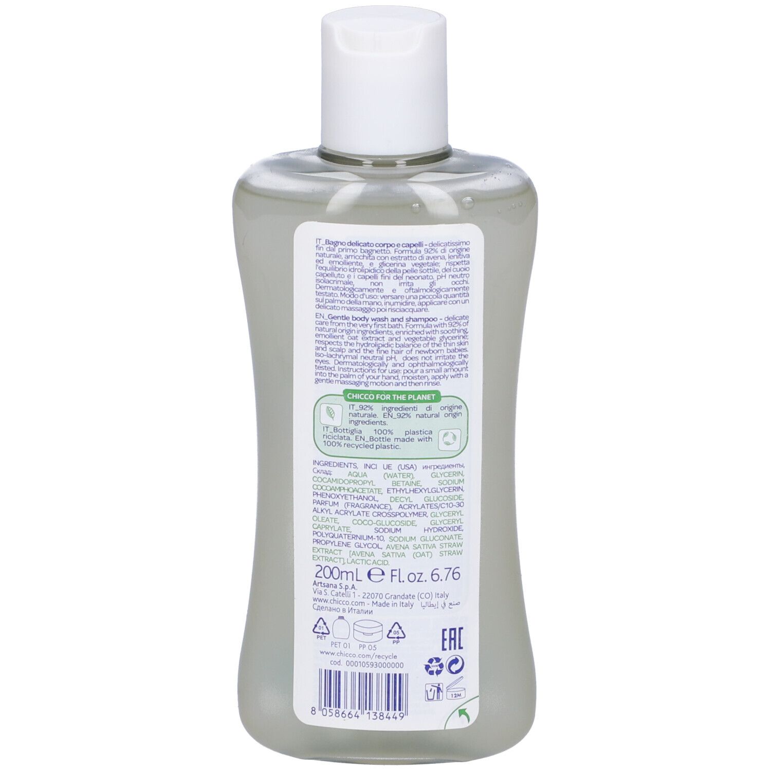 Retro del flacone. Scritta: Chicco Baby Moments, Bagno Delicato, 200ml. Ingredienti, logo riciclo.