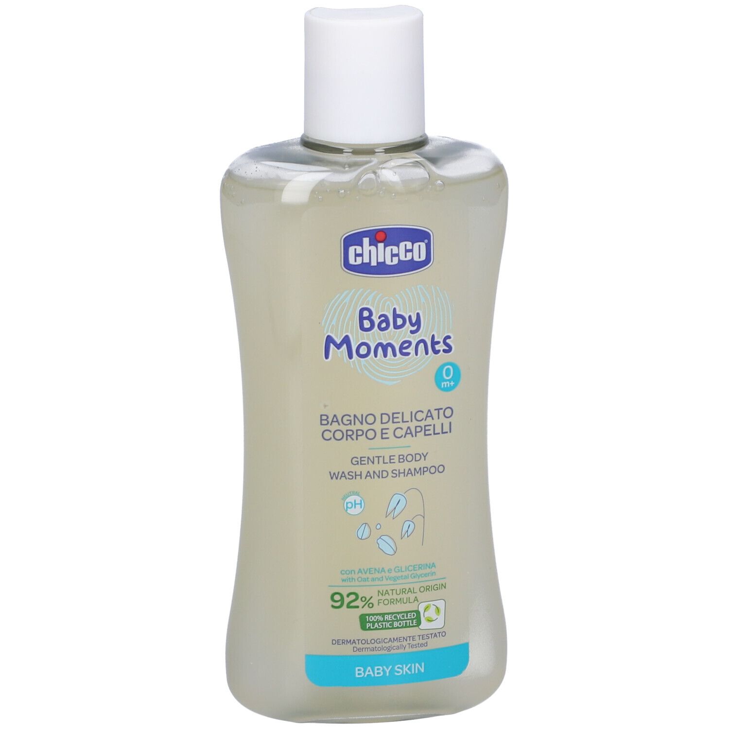 Flacone trasparente con tappo bianco. Scritta: Chicco Baby Moments, Bagno Delicato, 0+. Formula naturale al 92%.