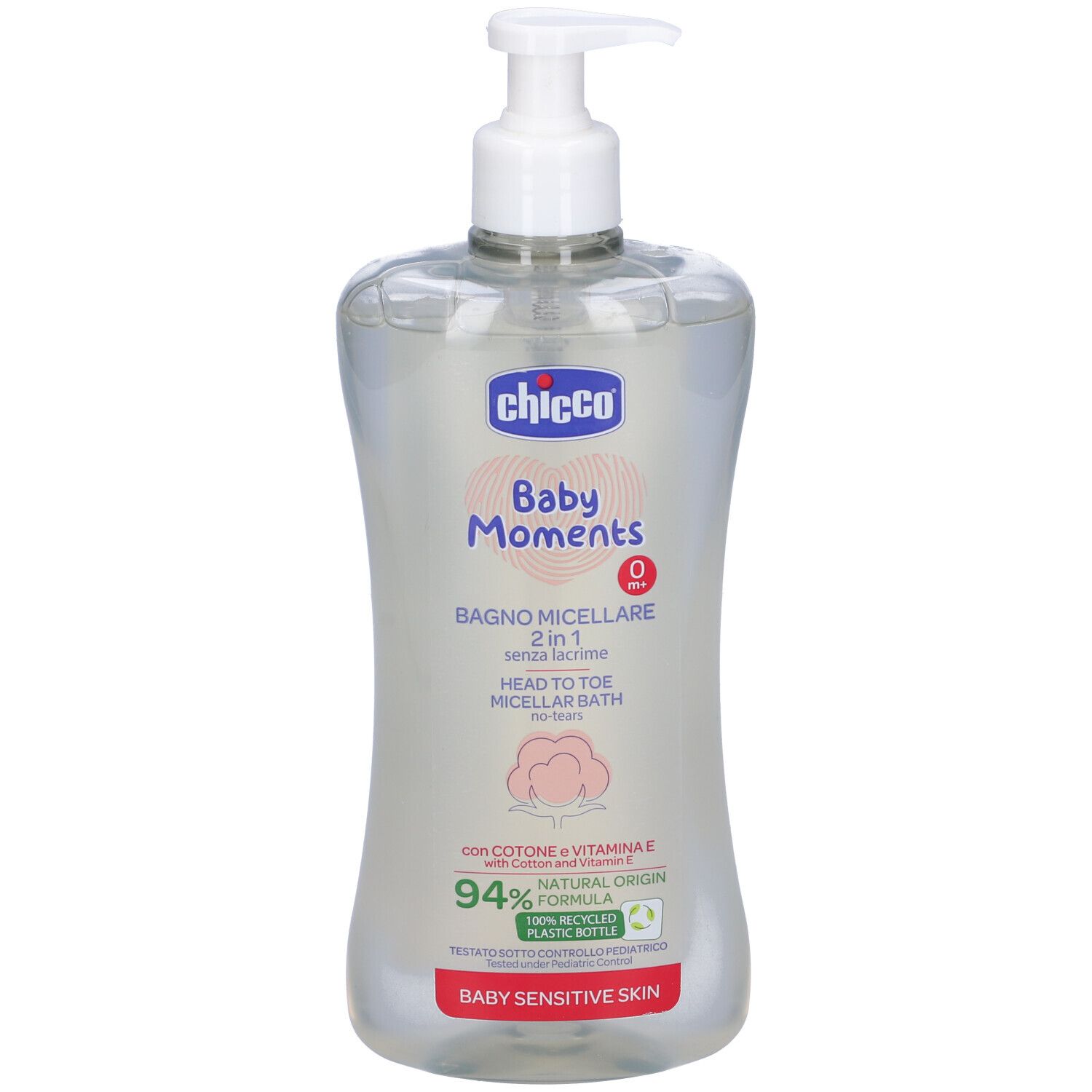 Flacone trasparente con erogatore bianco. Scritta: Chicco Baby Moments, 2 in 1, senza lacrime, per pelli sensibili.