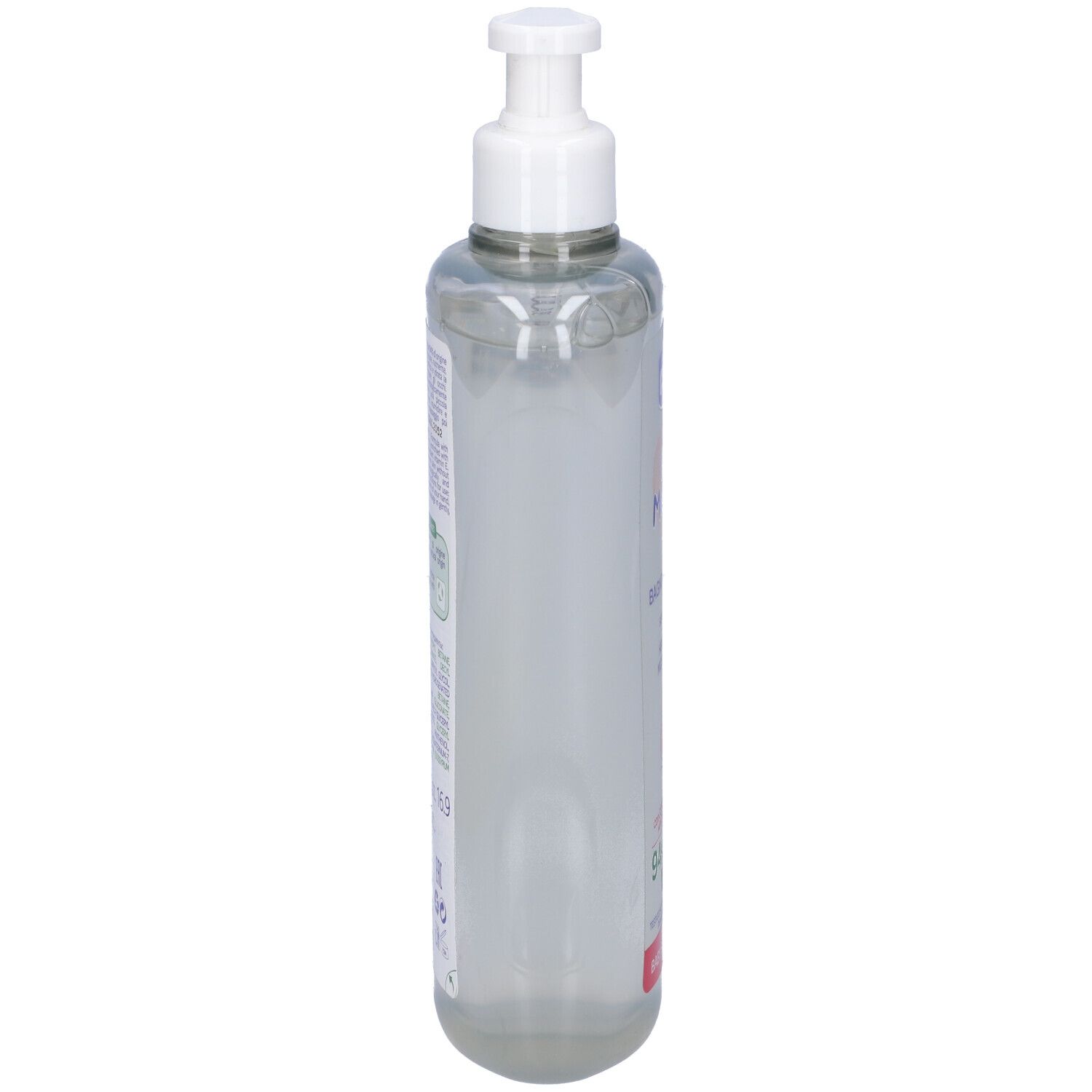 Flacone trasparente, erogatore. Scritta: Chicco Baby Moments. Retro con ingredienti e informazioni.