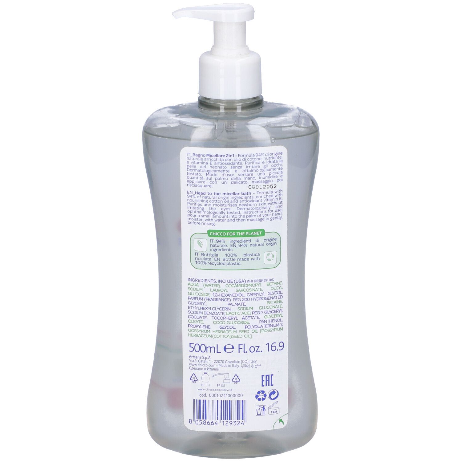 Retro di un flacone trasparente con erogatore. Testo: ingredienti, informazioni, 500ml, 16.9 fl.oz.